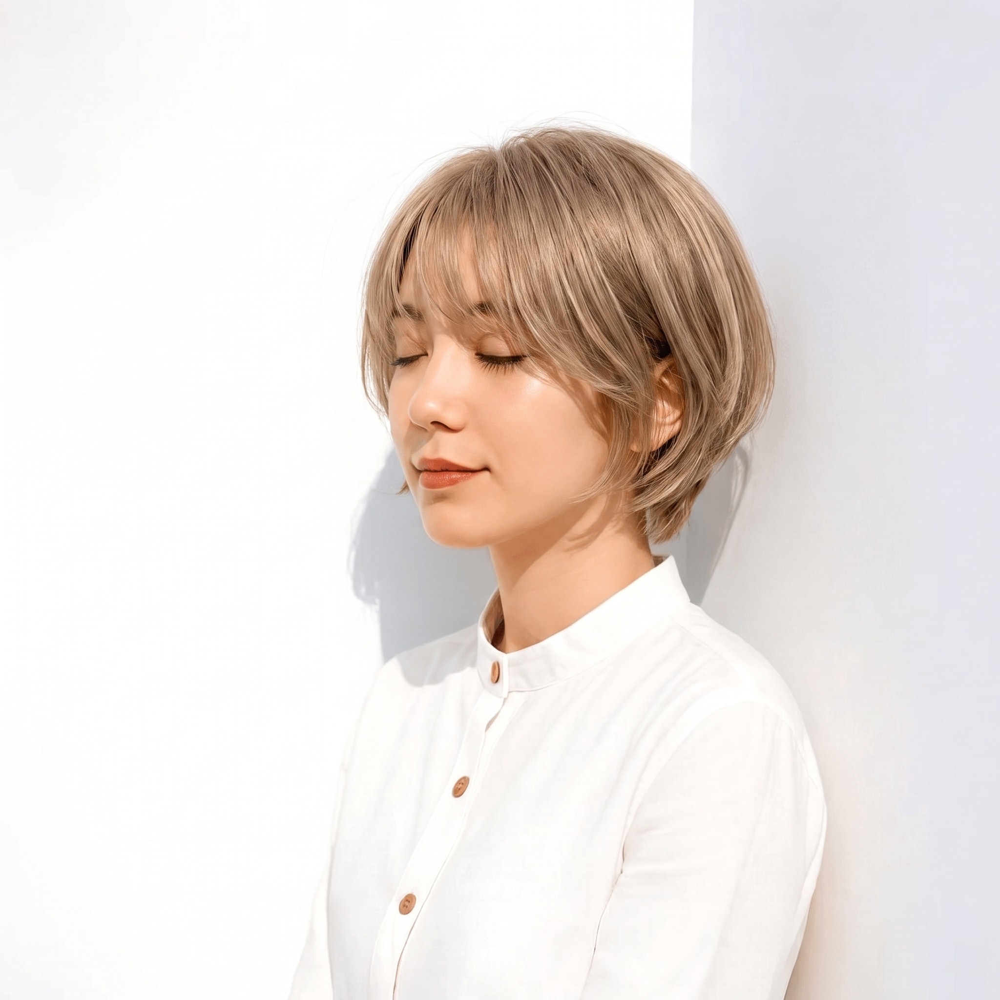 17. ライトベージュ×ショート: 淡いグレーを含むベージュでショートが上品に明るくなる