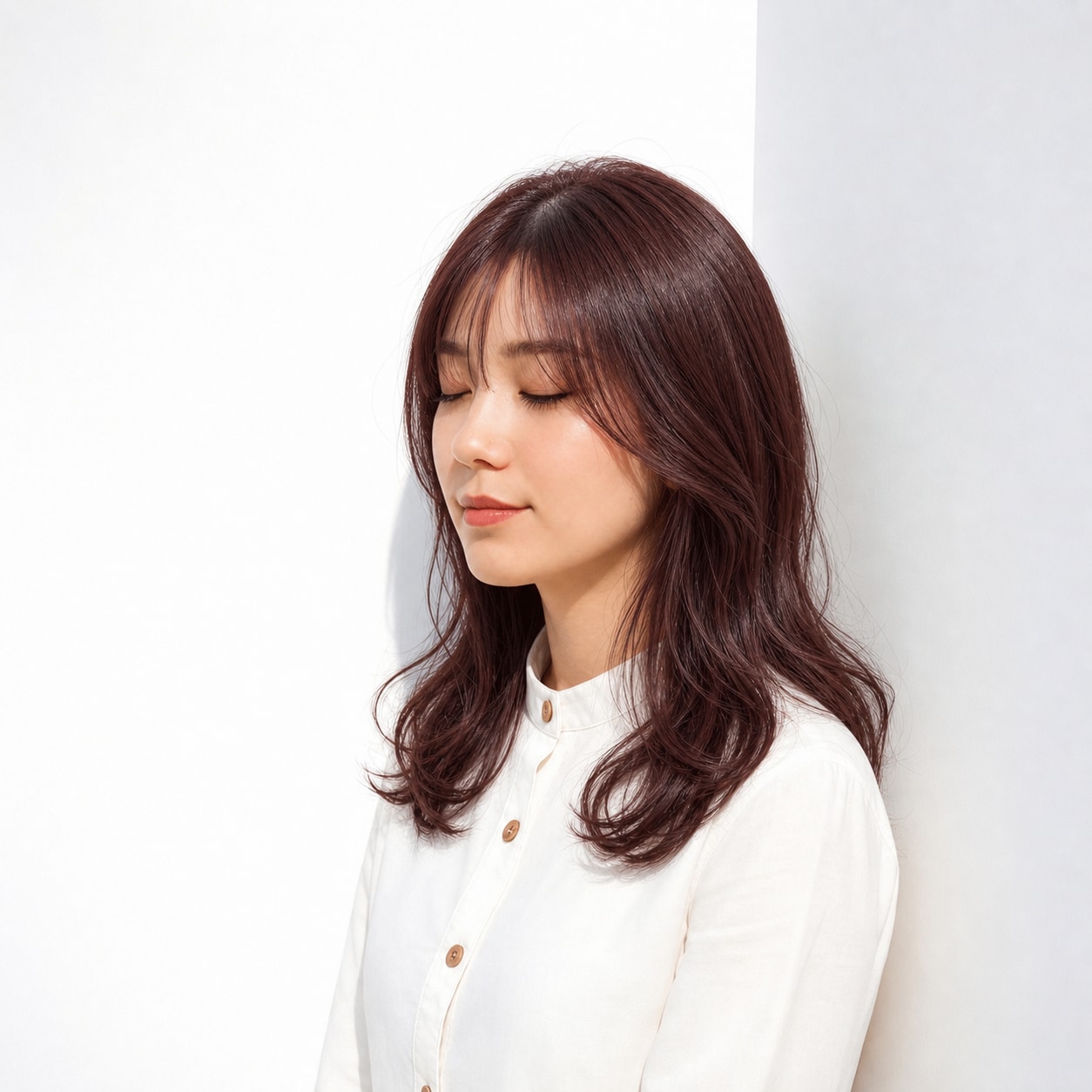 17. レッドブラウン×ブリーチなし×ウェーブミディアム: 深いレッドブラウンで落ち着いた華やかさが出る