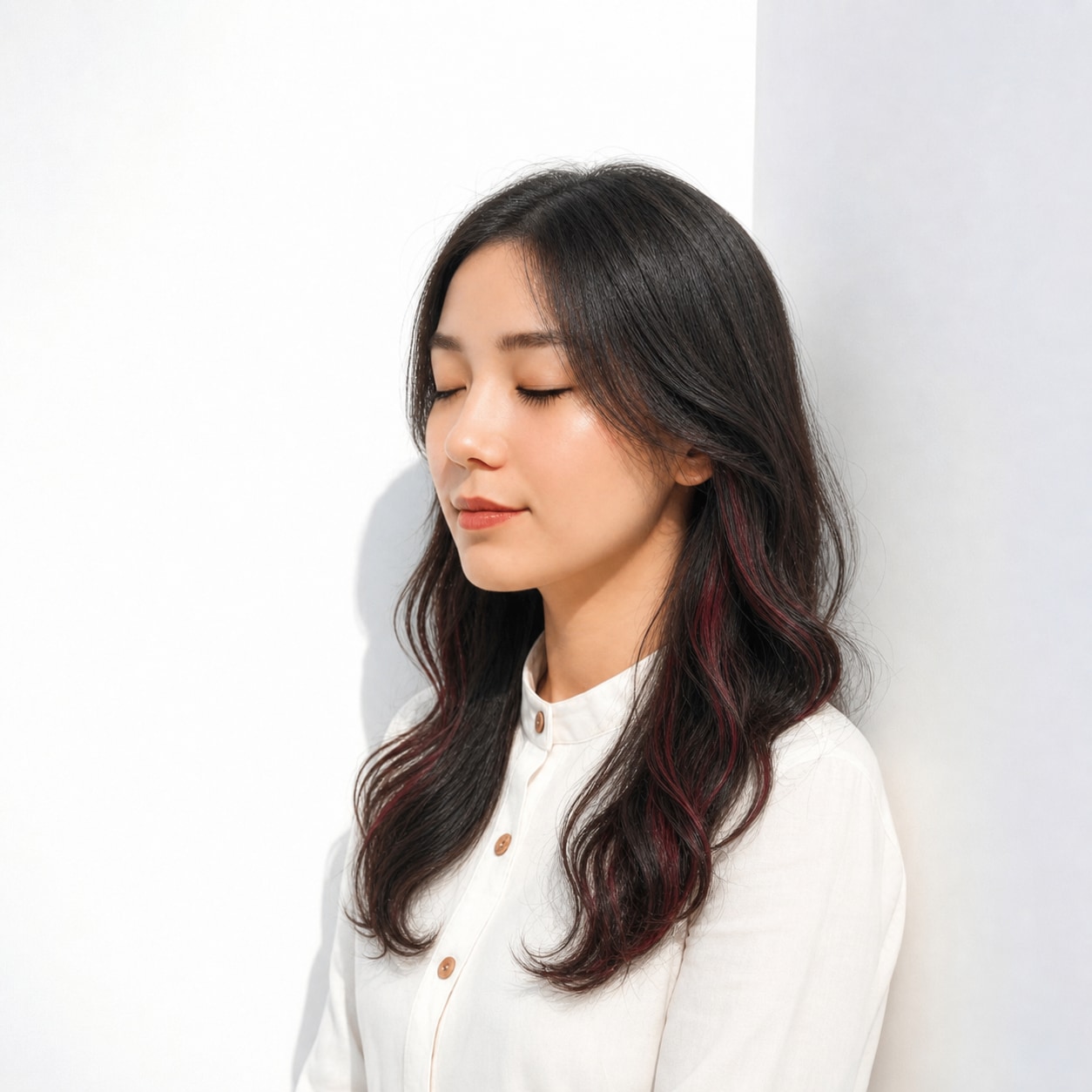 17. ワインレッドメッシュ×ウェーブロング: 暗めベースでも落ち着いた華やかさが出る