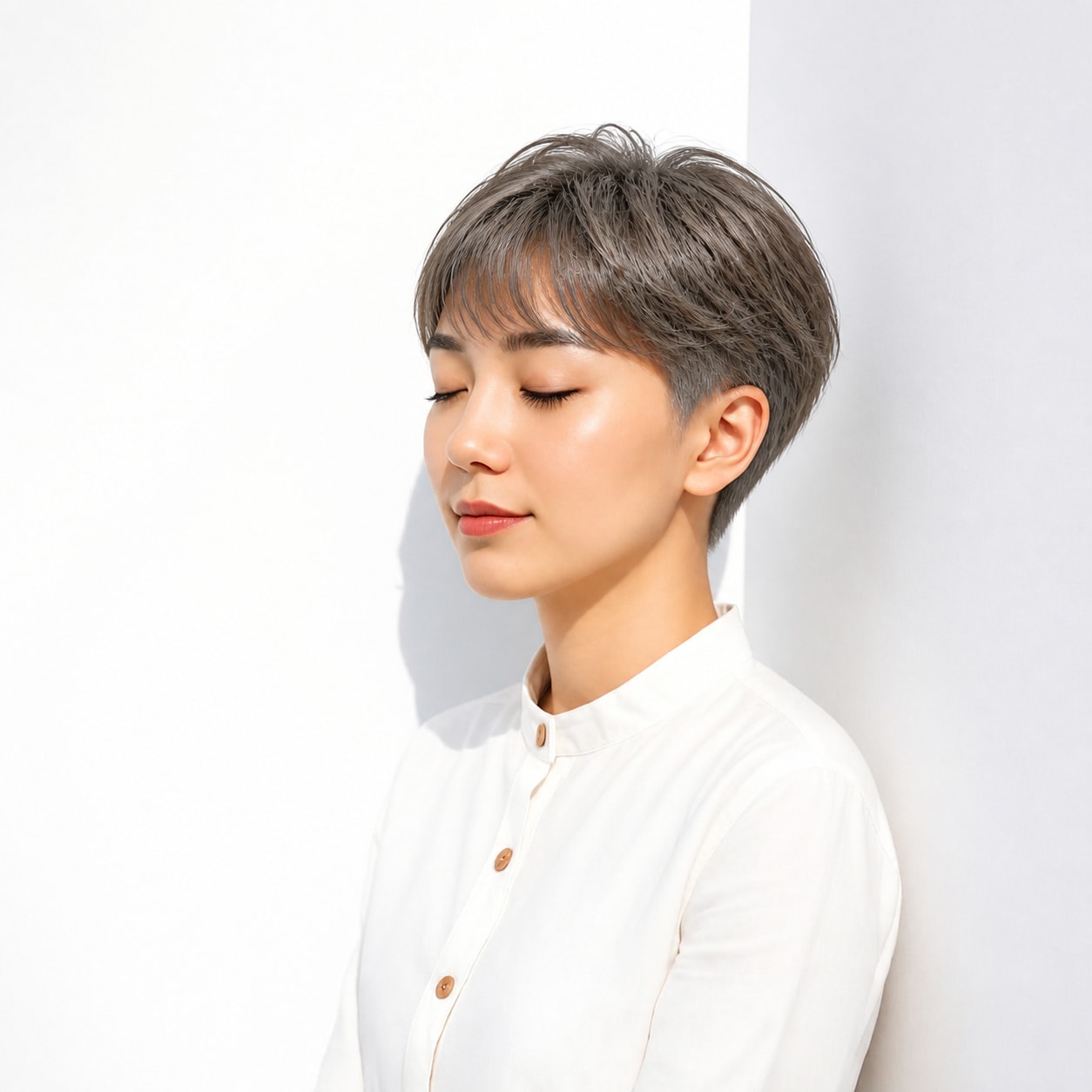 17. 刈り上げショート × グレージュトップ：透明感を楽しめる
