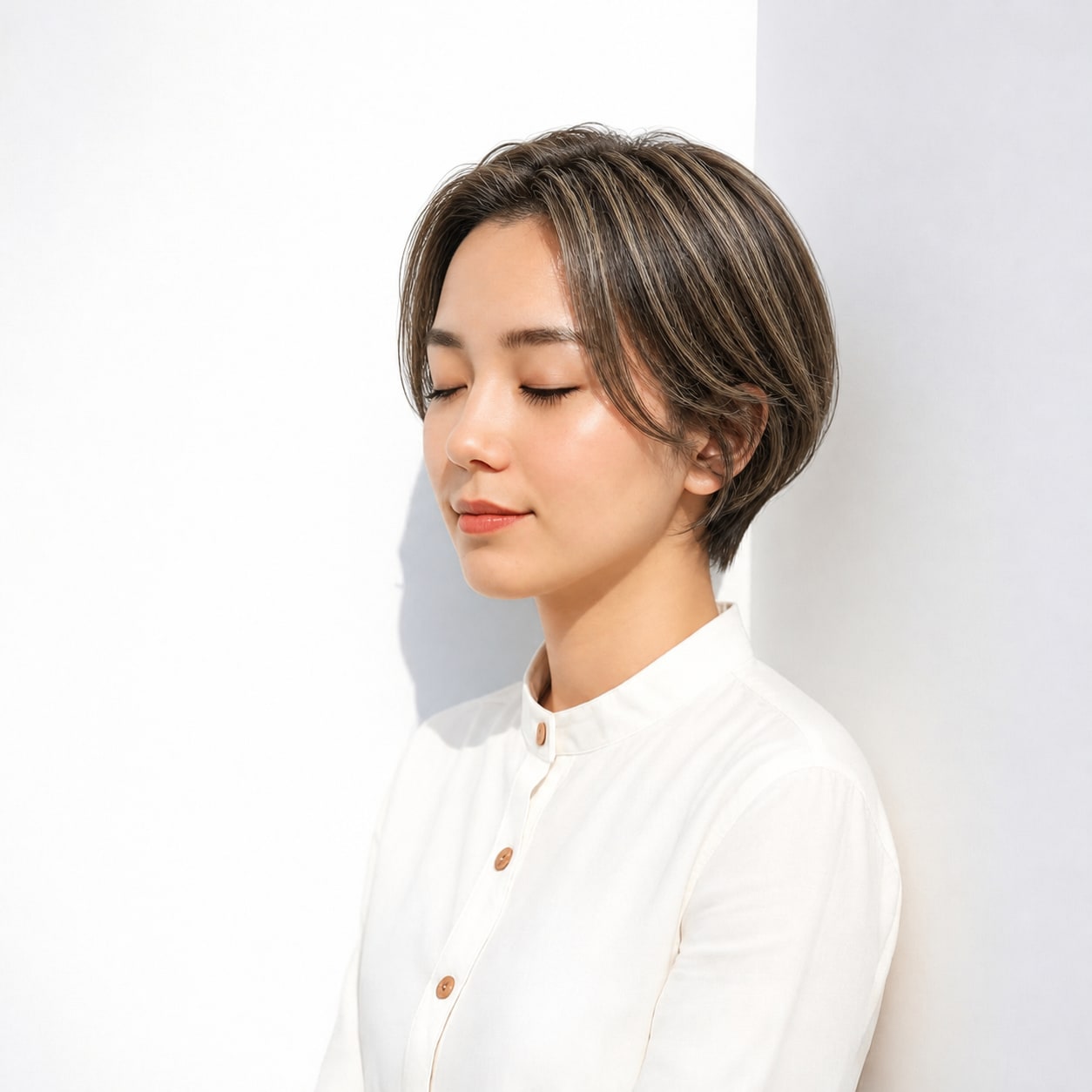 17. 白髪ぼかしハイライト × 丸みショート：ベージュのラインでやわらかな動きが出る