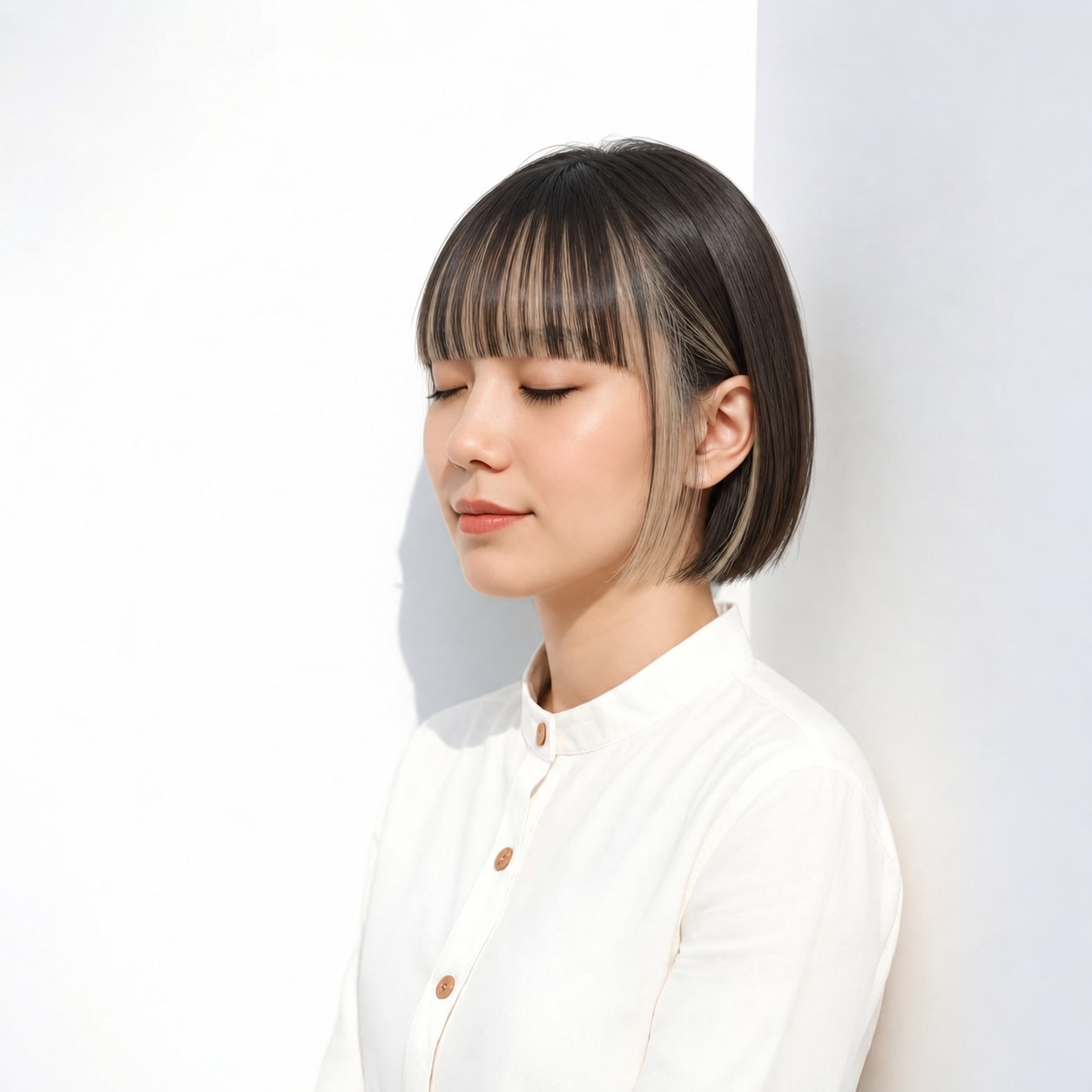 17. 重めバング × 頬骨ライン：前髪と横髪の境目が途切れず、顔まわりを自然に包みます