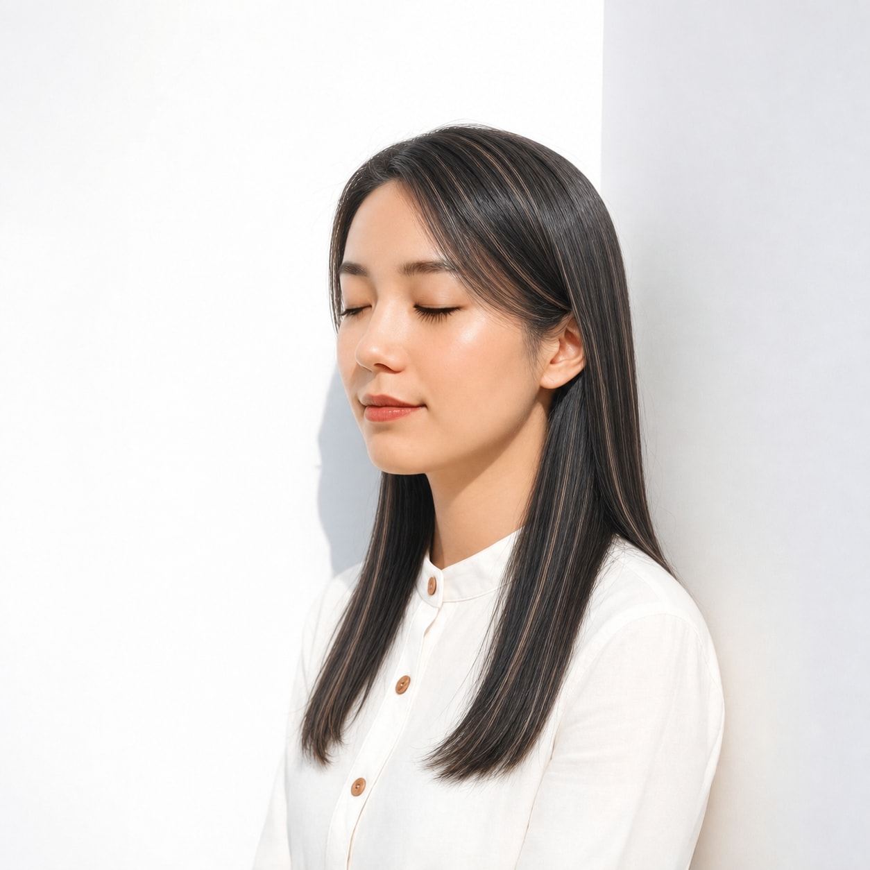 17. 黒髪ハイライト×ストレートロング: 毛先まで明るいラインが続き動きが出る