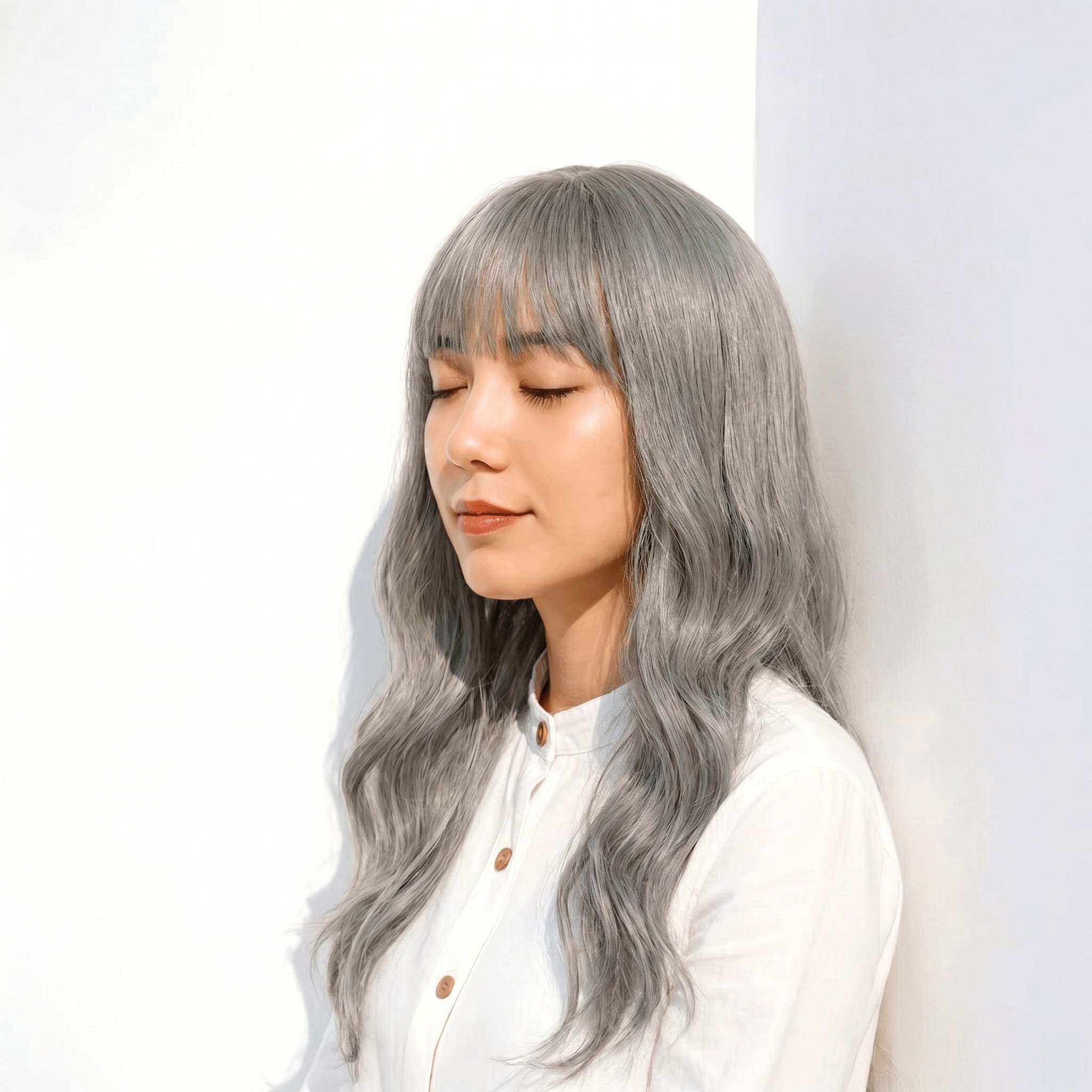 18. アイスグレージュ×ロングヘア: クールなツヤと透け感が魅力のストレートスタイル