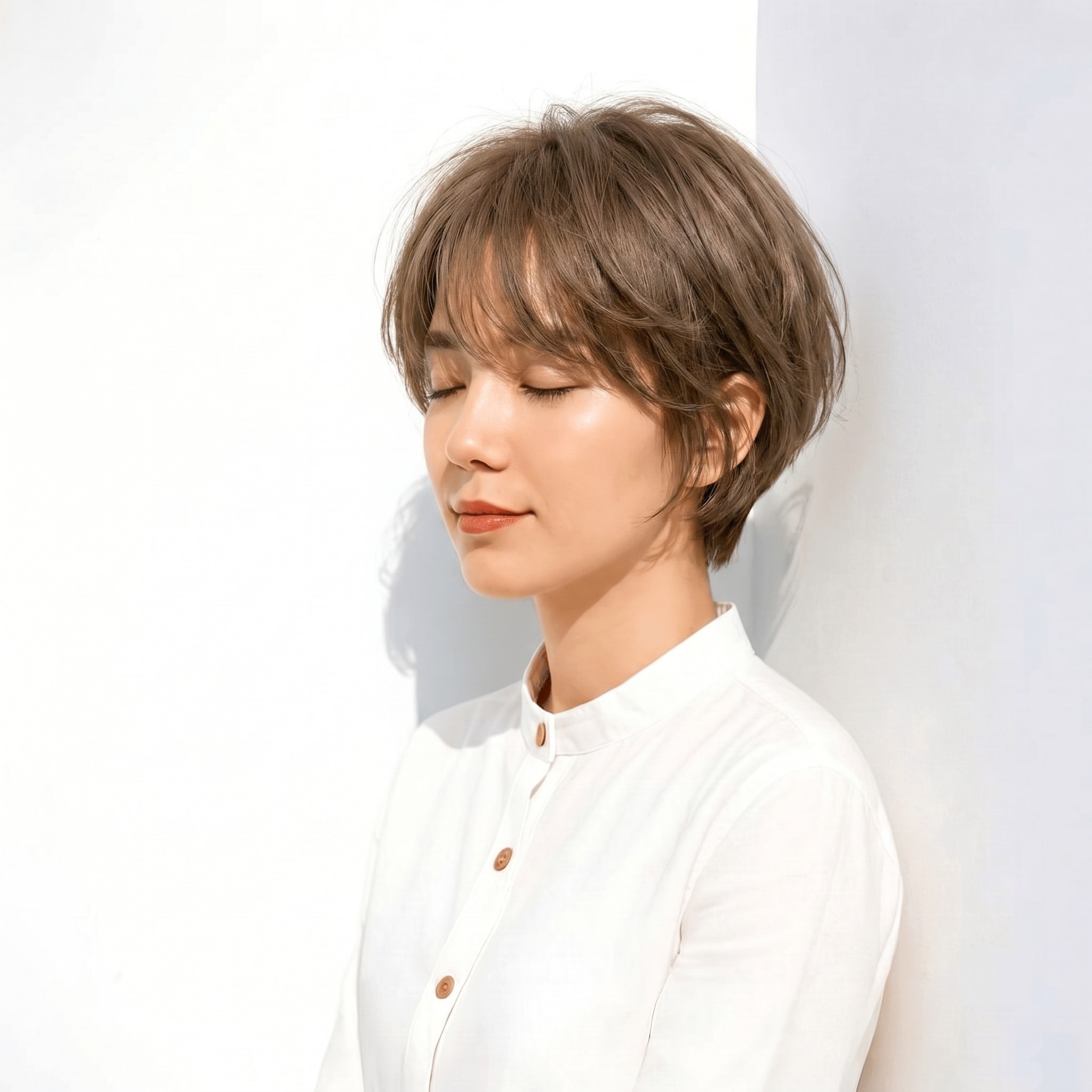 18. アッシュ ベージュ×ショートレイヤー: 丸みと軽やかさを引き立てるカラー