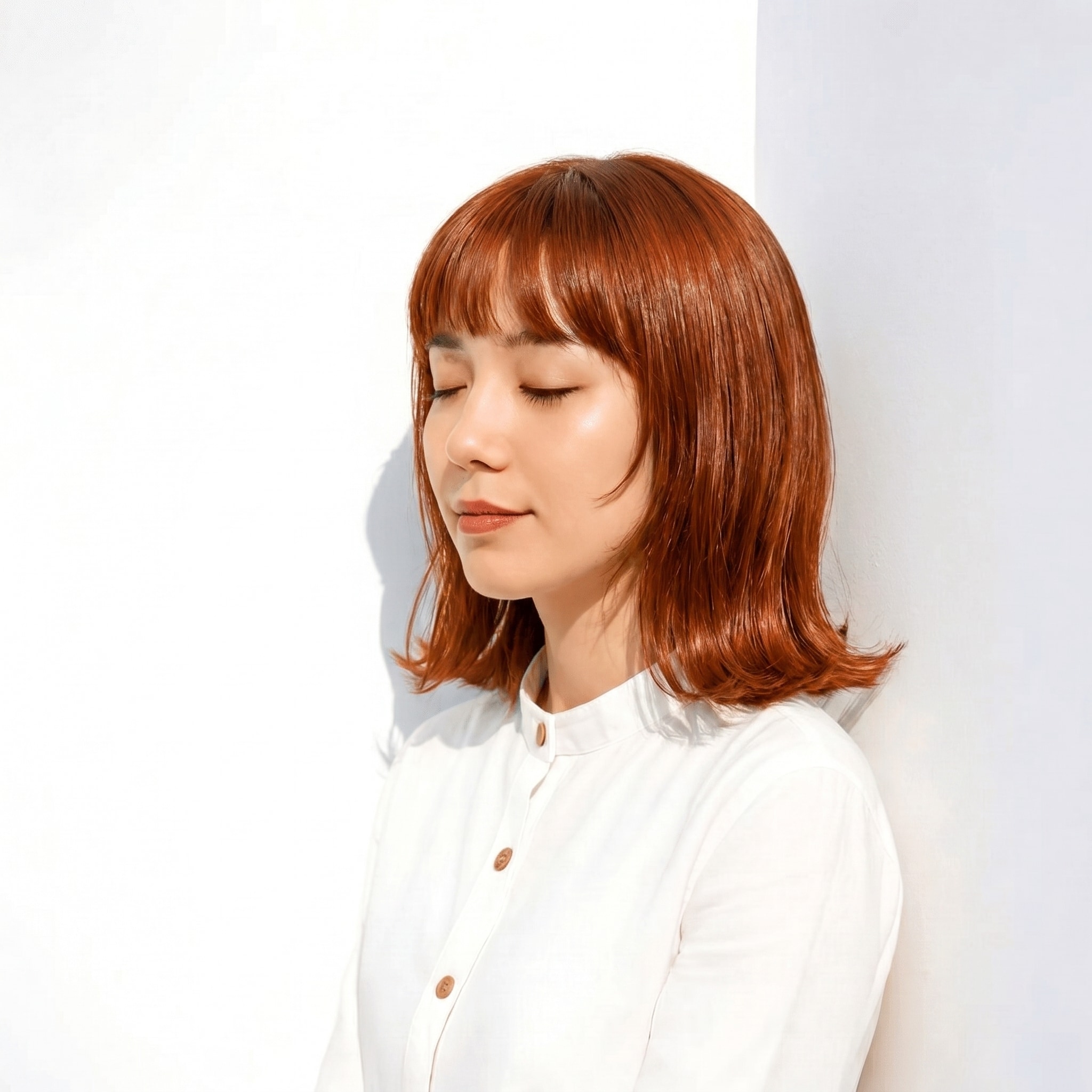 18. アプリコットオレンジ×外ハネ丸みボブ: 血色感のある暖色で厚めバングを柔らかく