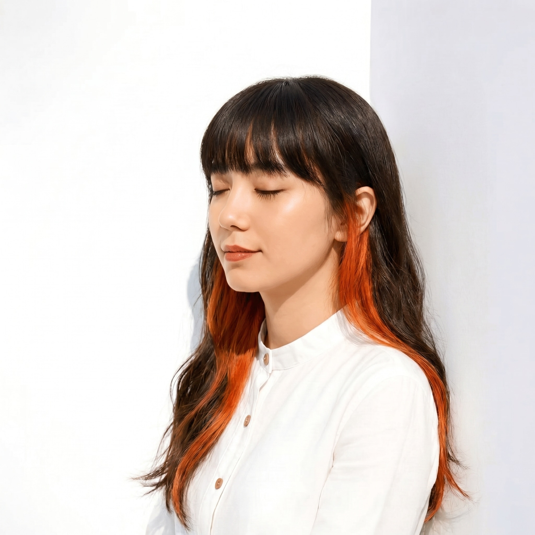 18. インナーカラー×ビビッドオレンジ×波ウェーブセミロング: さりげない差し色で、横顔まで印象的に仕上げる
