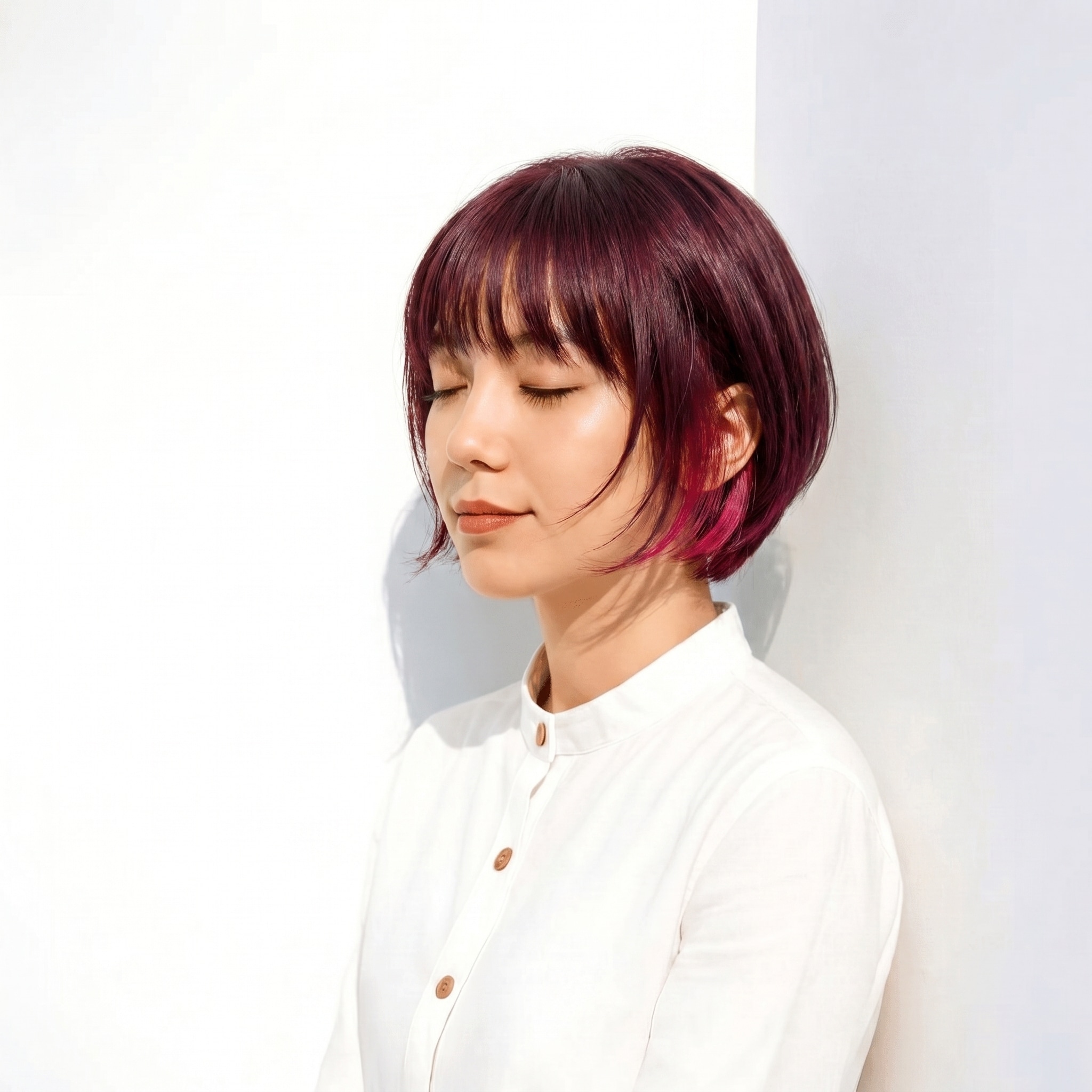 18. インナーカラー×赤紫×モードショートボブ: 深みのある赤紫で、コンパクトなシルエットを大人っぽく彩る