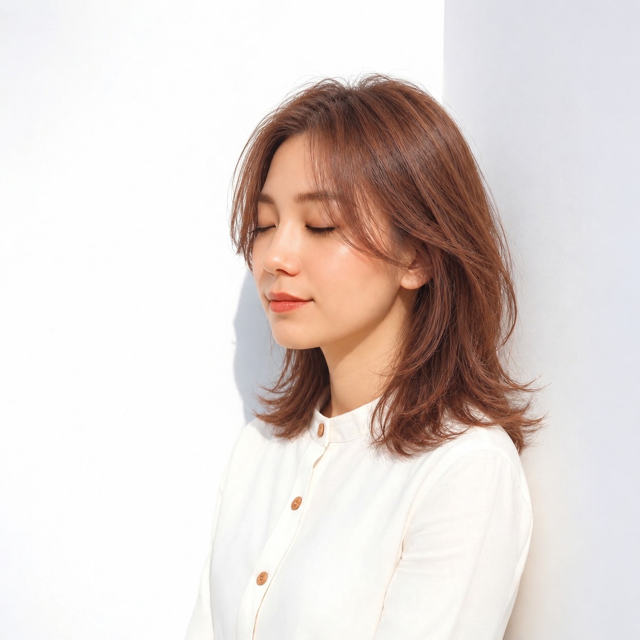 10. カーテンバング × 赤みブラウンレイヤー：顔まわりの動きが華やかさを生む