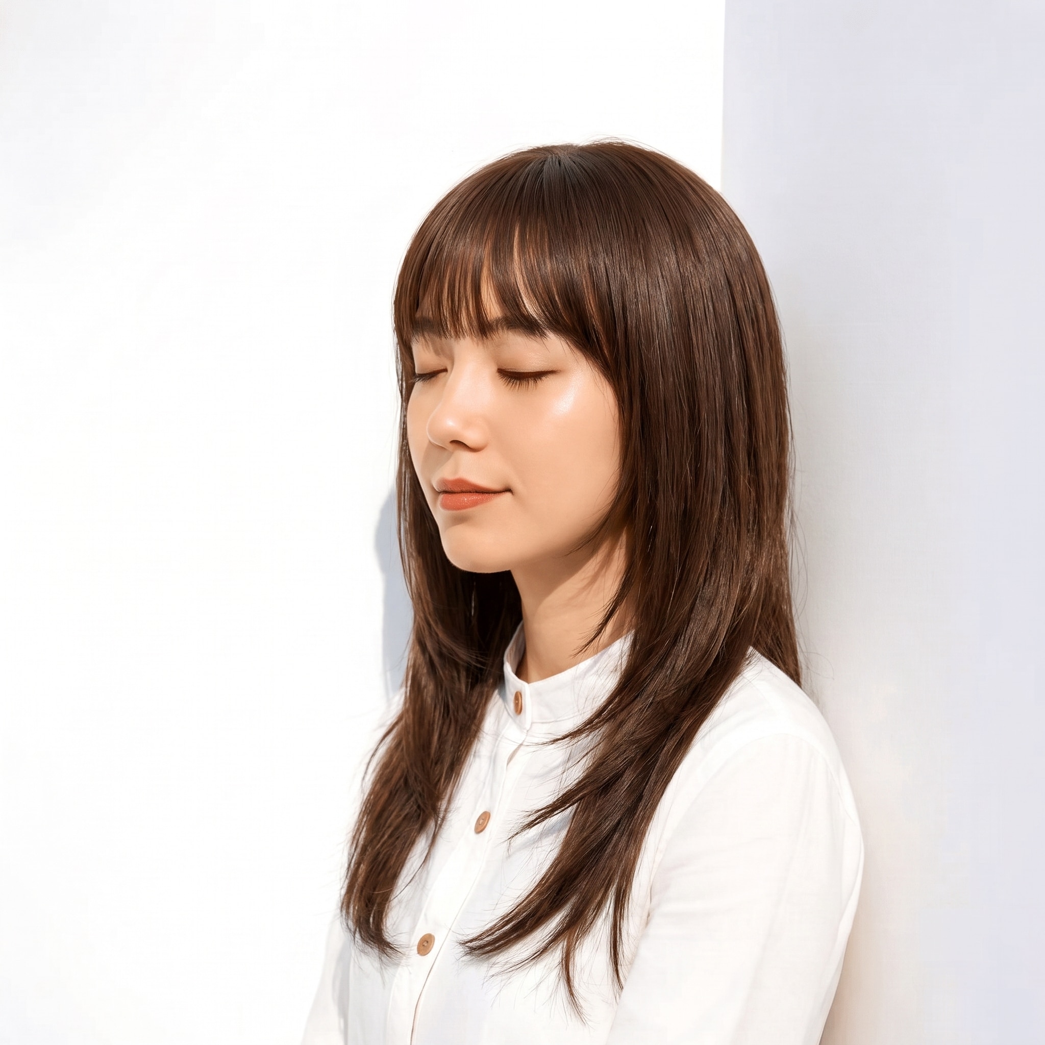 18. ココアブラウン×ストレートロング: 赤み控えめの暗めブラウンでストレートロングが品よくまとまる