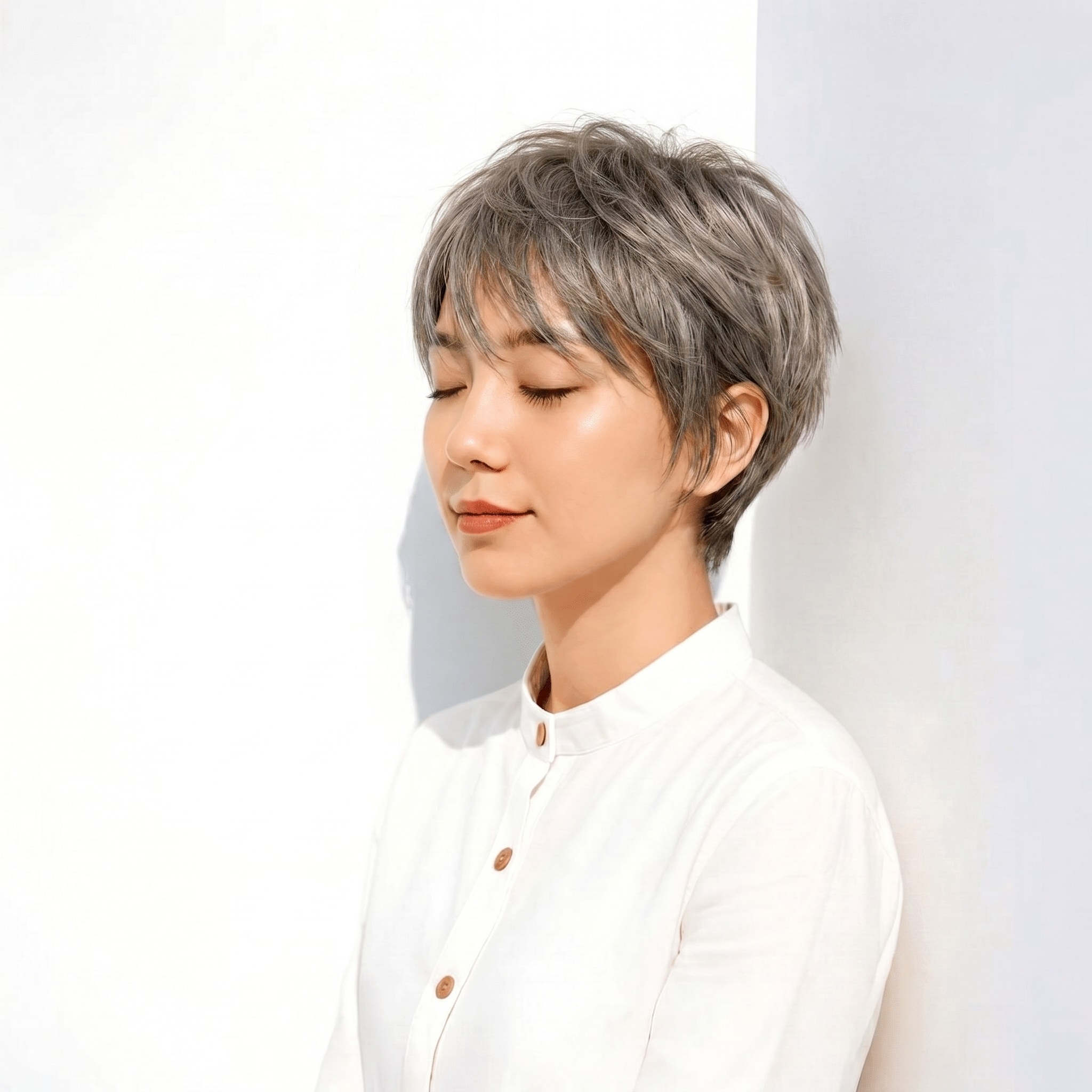 18. シルバーグレー×ショートレイヤー: 丸みと束感でクールな印象に
