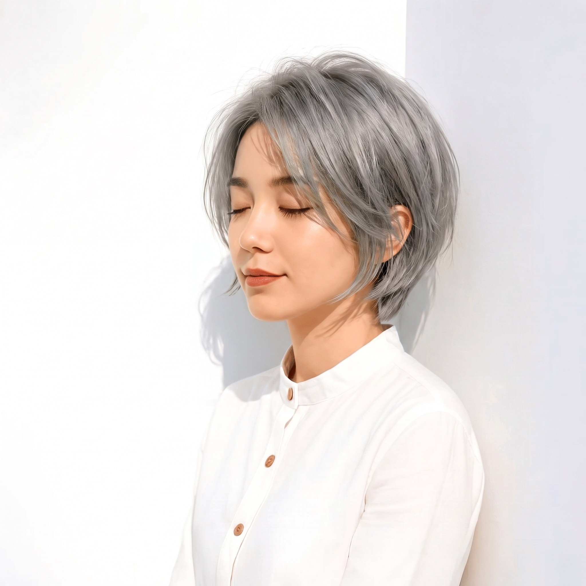 18. シルバーグレージュ×ショート: ベージュを含むシルバーで短めヘアが柔らかい印象になる