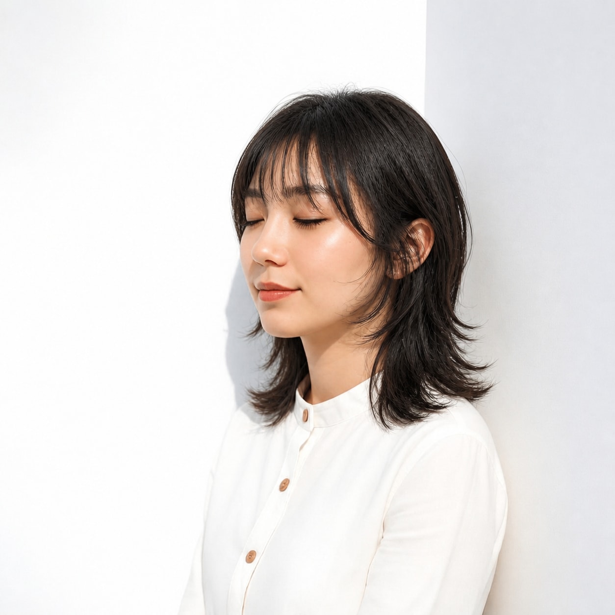 18. セミロングウルフ × 黒髪外ハネ：クールにまとまる