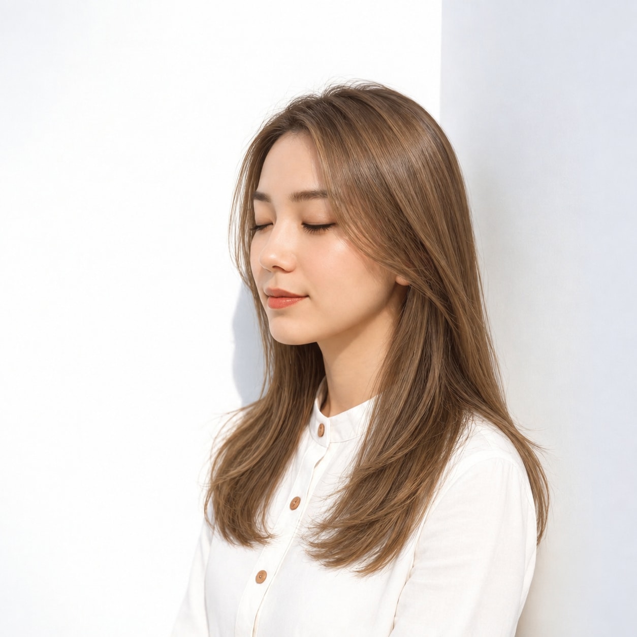 前髪なしのロングヘアに合わせたハニーベージュ