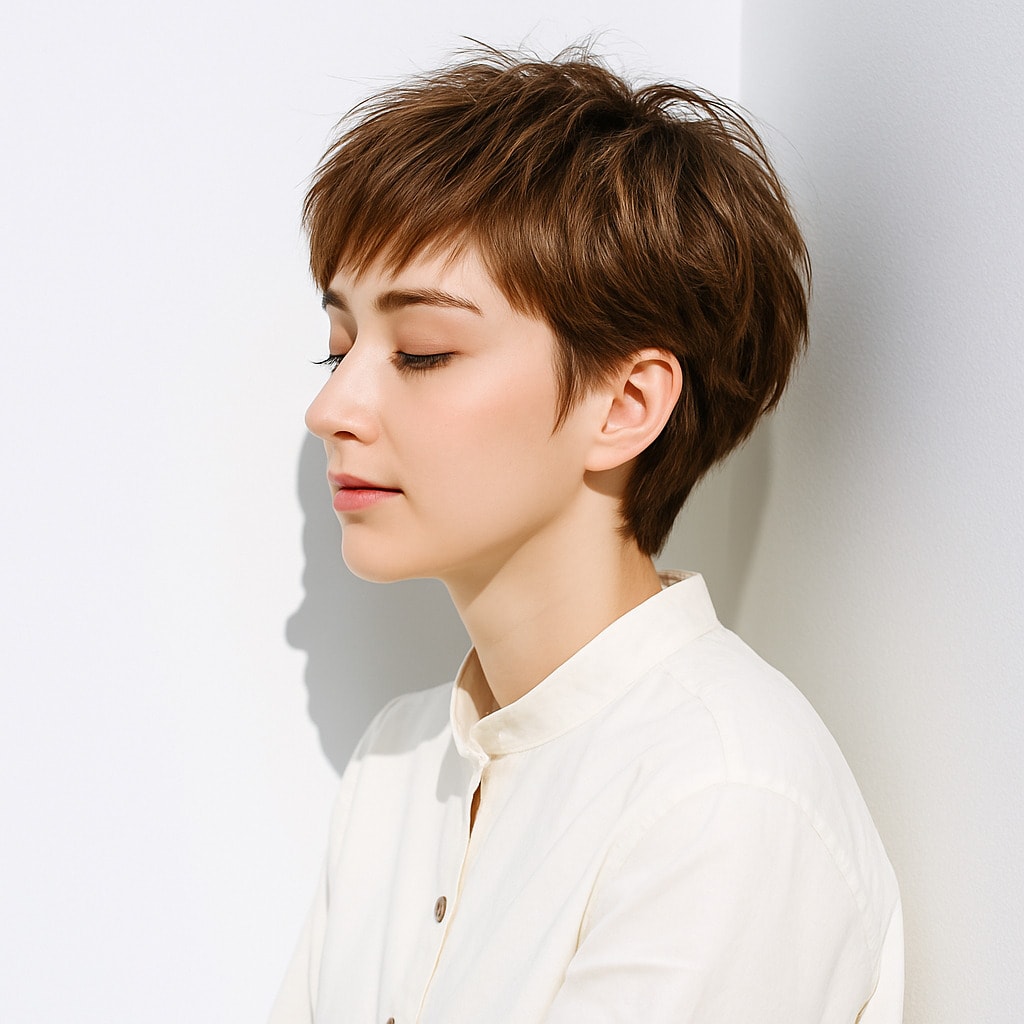 18. ブラウンベージュ×ベリーショート：肌をふんわり明るく見せるスタイル