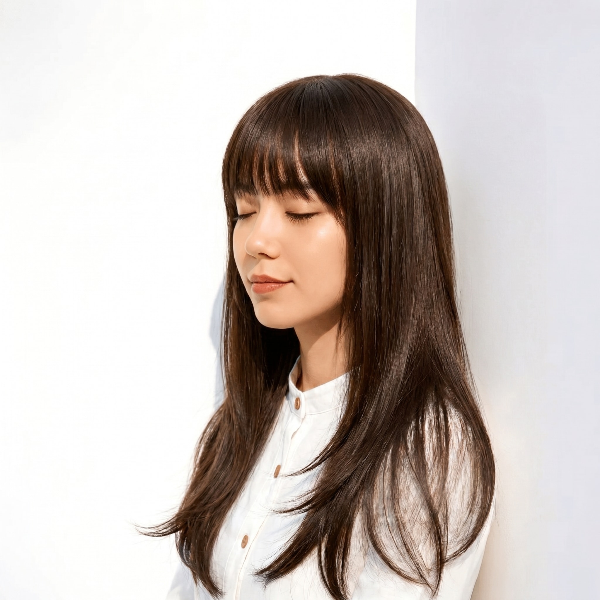 18. ブリーチなしグレージュ×大人ストレート: 黒髪の深さを残した上品なツヤ感