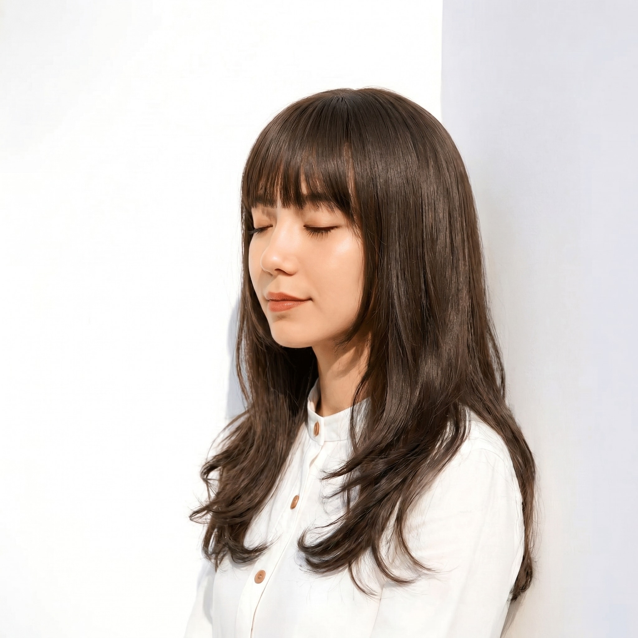 18. ブリーチなしミルクティーベージュ×ミディアムロング: 前髪ありのスタイルで柔らかさを演出