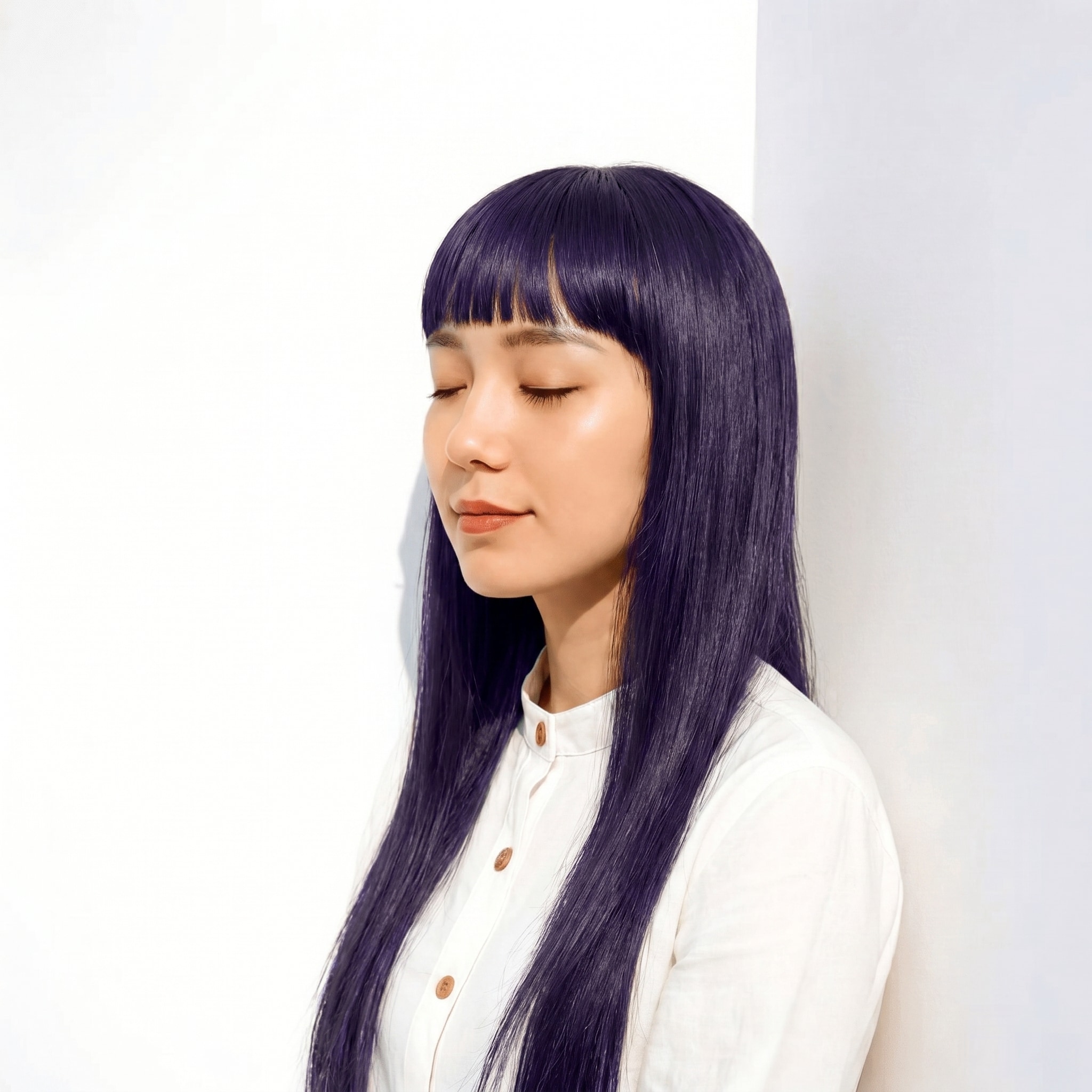 18. ブルーバイオレット×ストレートロング: モードなツヤで、シンプルな髪型も凛と見せる