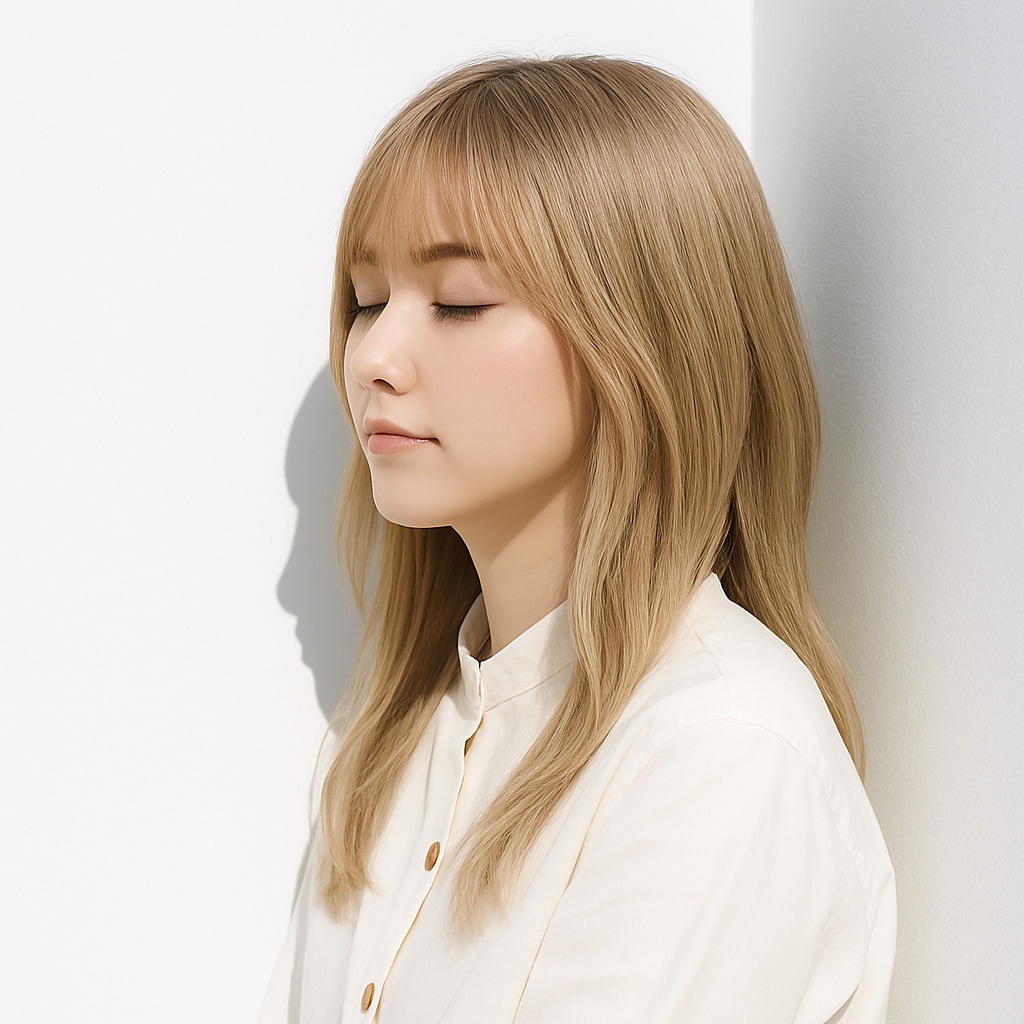 18. ホワイトベージュ×ミディアムレイヤー：動きが出る軽やかな髪色で爽やかに