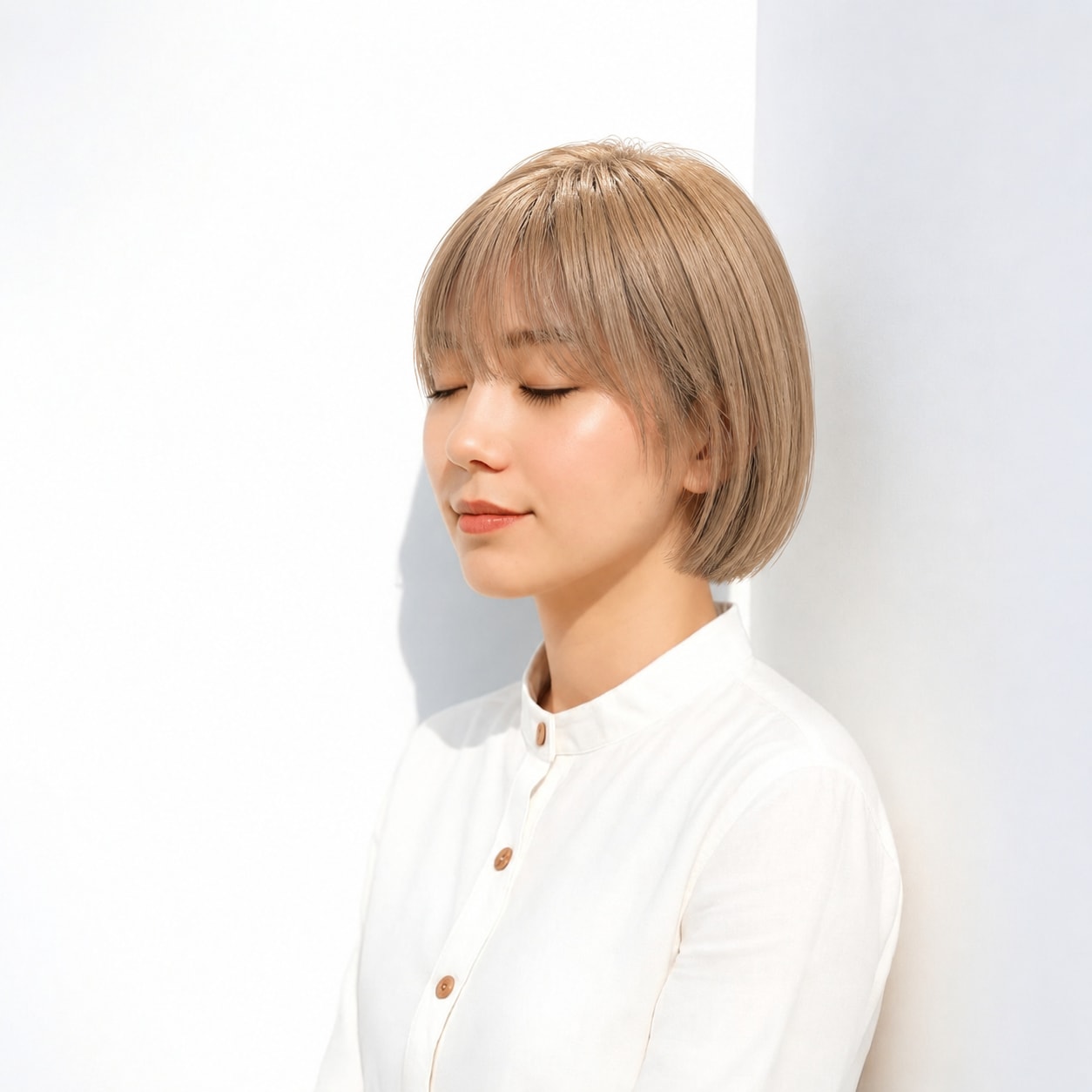 11. マッシュボブ × ベージュ：明るい色がなめらかな丸みを軽く見せる