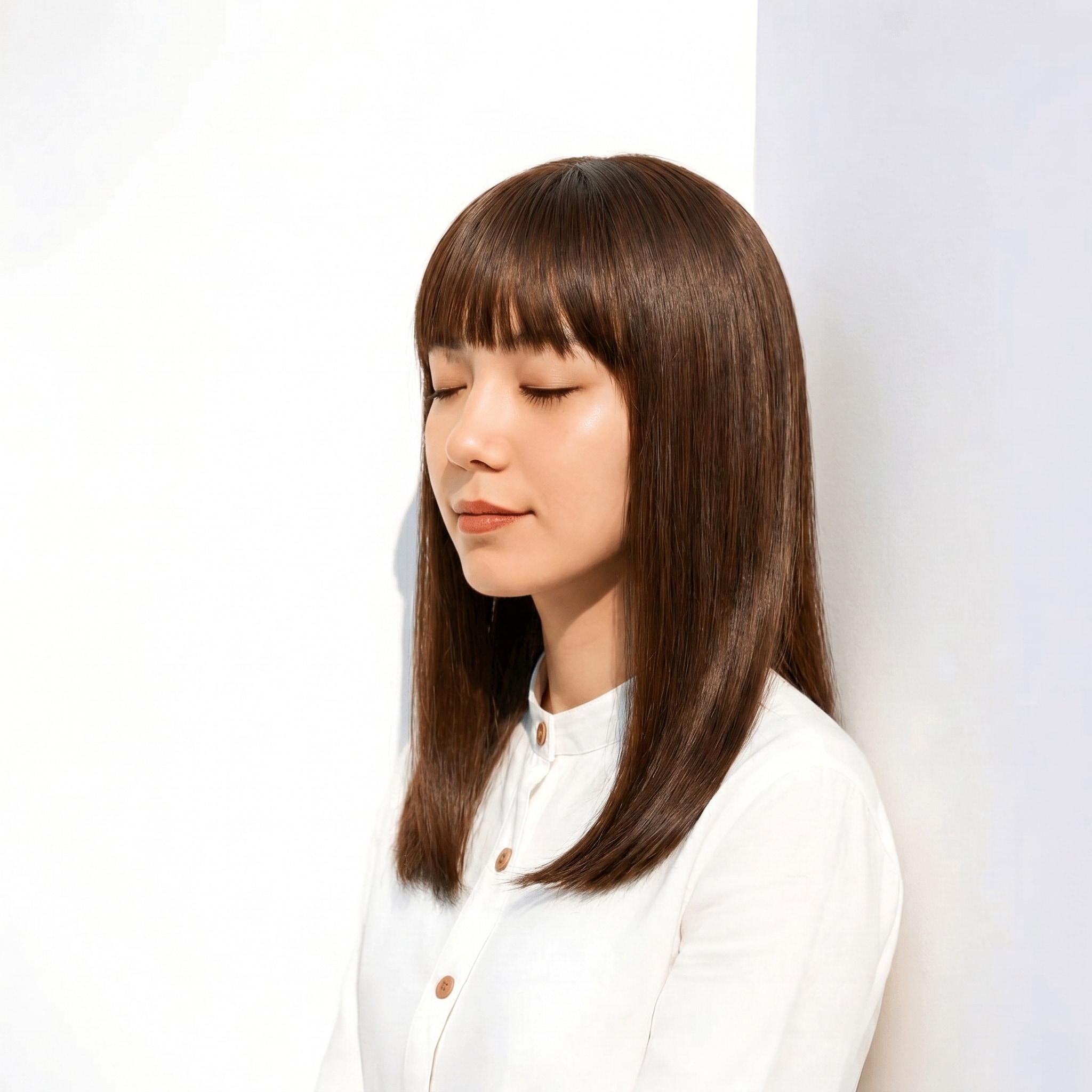 18. マロンベージュ×ミディアムストレート: やや明るめの栗色で柔らかな立体感を演出