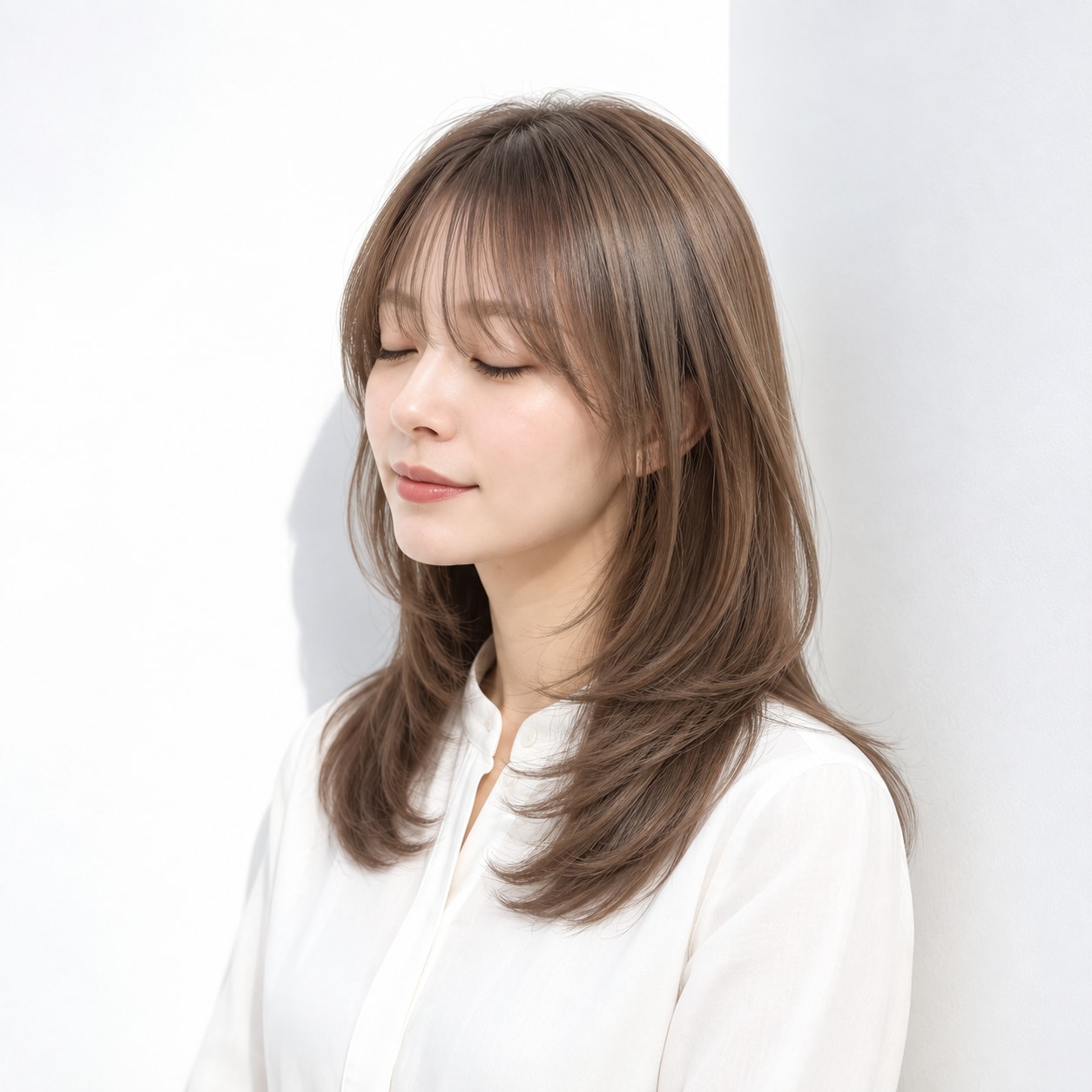 18. ミディアムレイヤー × 前髪あり × 低めくびれ：肩まわりに余白ができ、横顔のシルエットが引き締まります