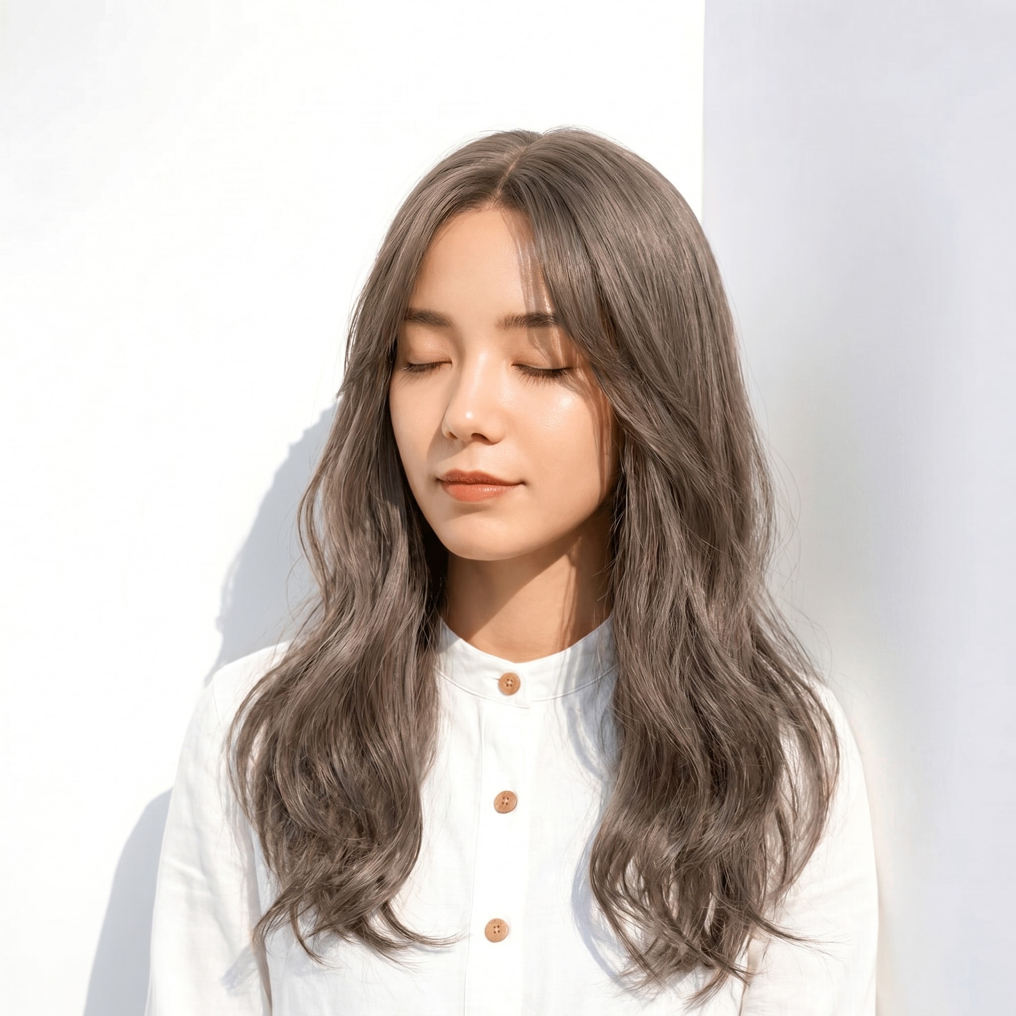 18. モカグレージュ×波ウェーブセミロング: 透明感のある色みで、上品な抜け感を演出する