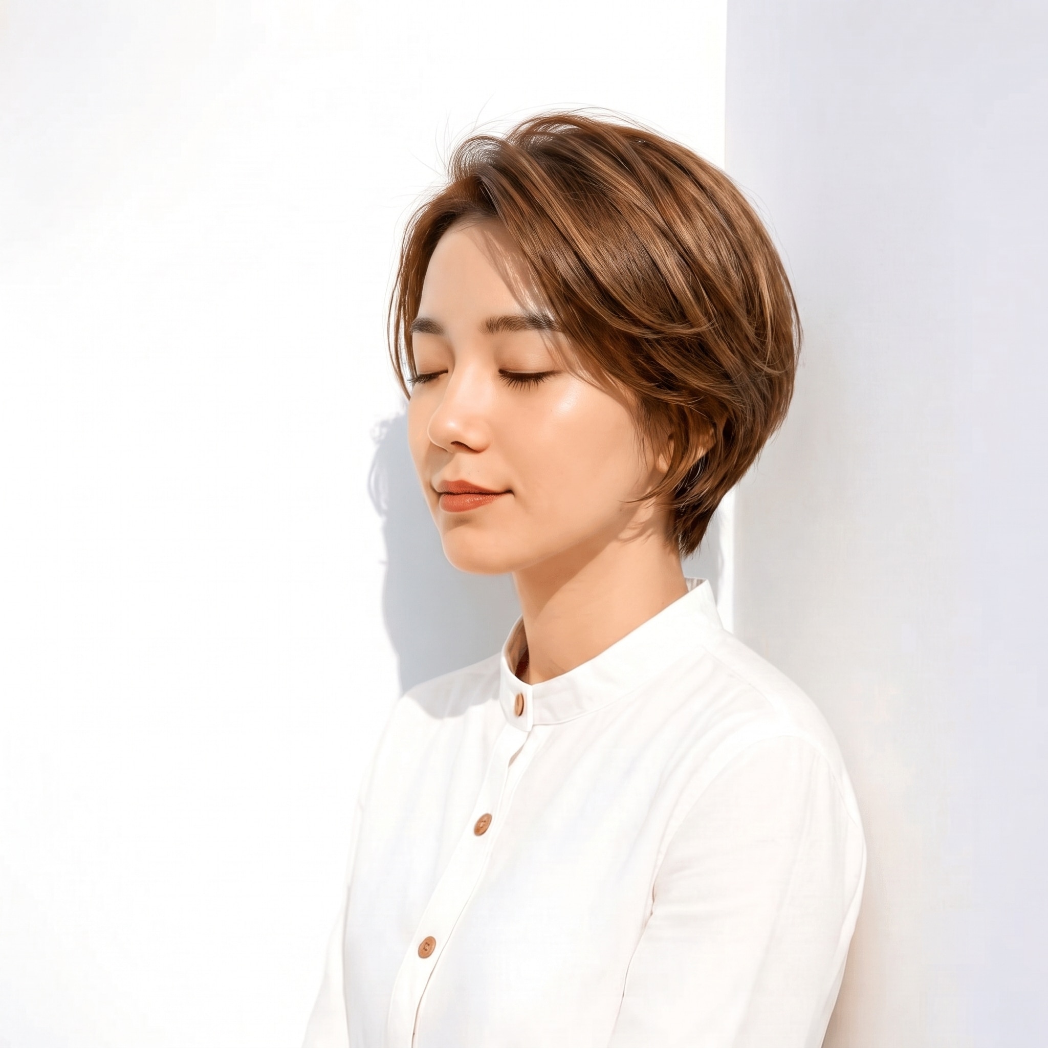 18. ライトベージュ×ショート: ブラウンの深さを残したベージュでショートが自然にまとまる