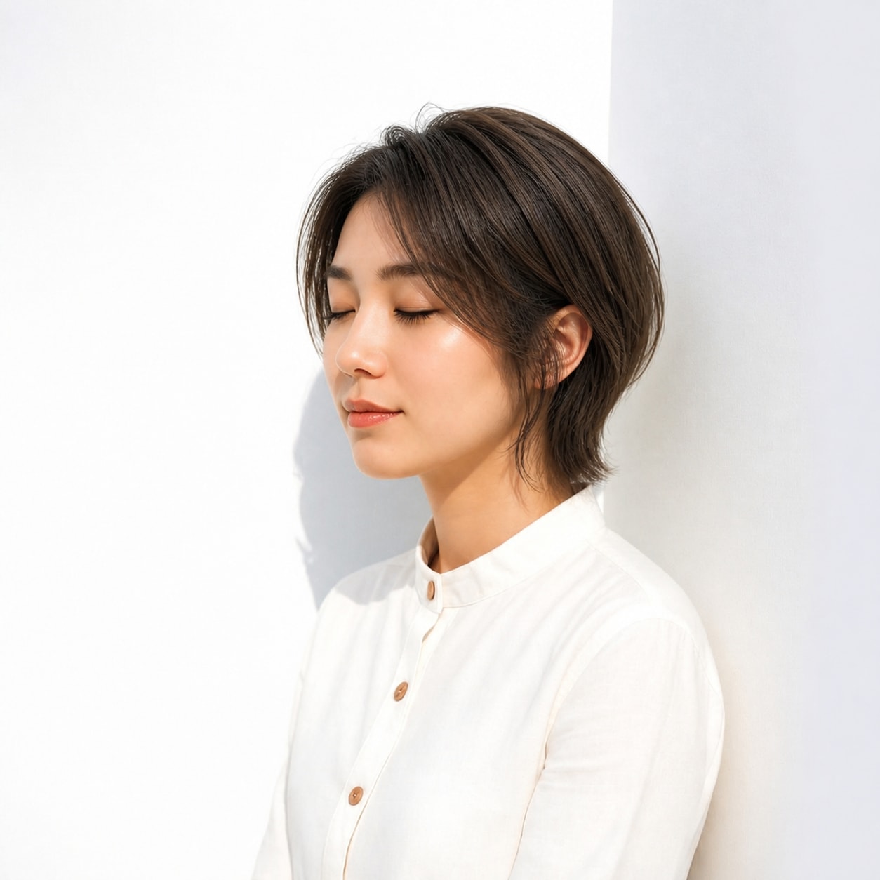 18. 外ハネボブ × 前髪なし × 耳かけショート：首元をすっきり