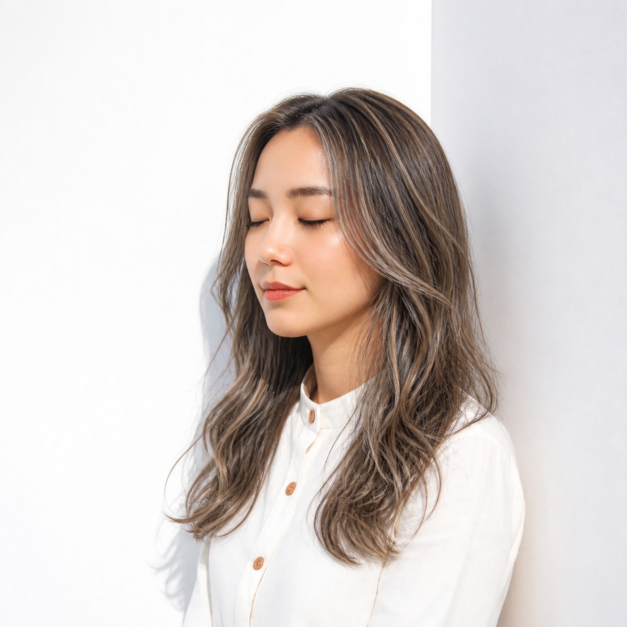 18. 白髪ぼかしハイライト × ウェーブロング：明るいベージュが大きなカールをきれいに見せる