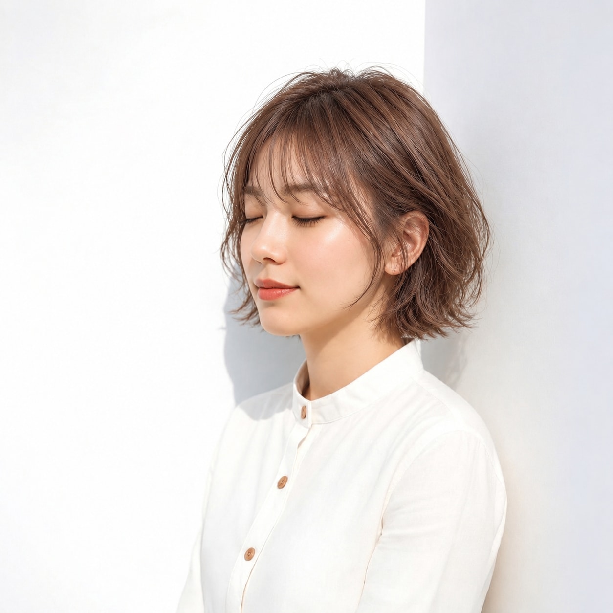 18. 薄め前髪 × ウェーブボブ：細い揺れで可愛らしく