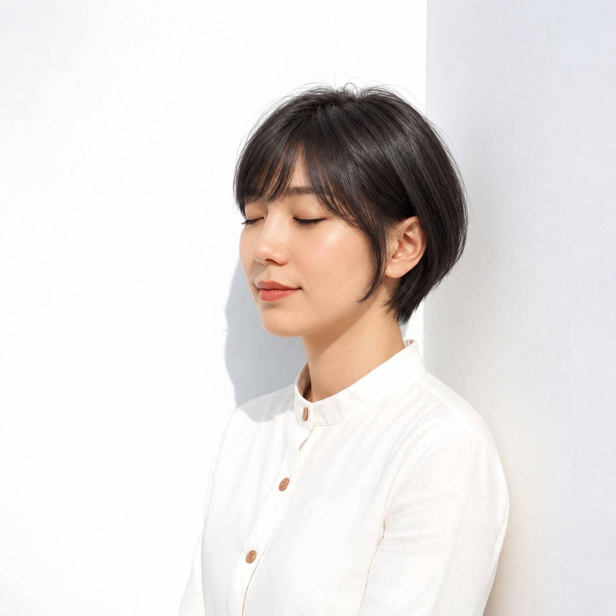 11. 黒髪ショートボブ × 斜め前髪：頬へ続く曲線が上品な印象をつくる