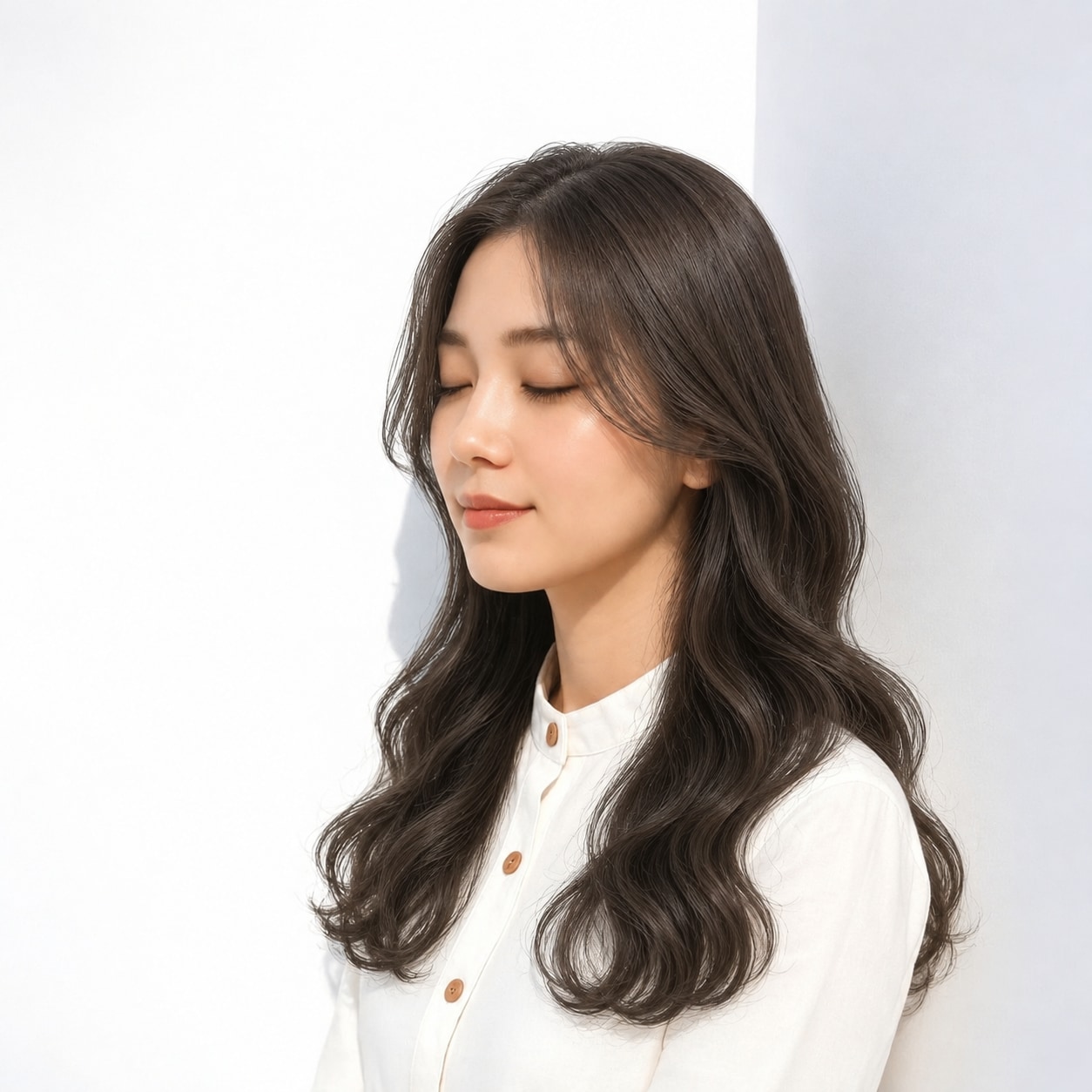10. ゆるふわパーマ × ロング × ダークブラウン：なめらかな上部と大きなカールで上品にまとまる