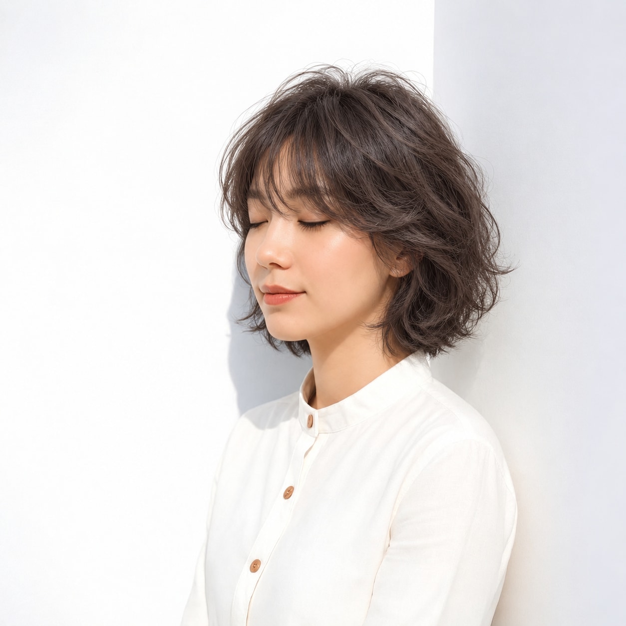 14. ゆるウェーブボブ × ダークアッシュ：細い毛束に分けると厚みのある髪もやわらかく見える