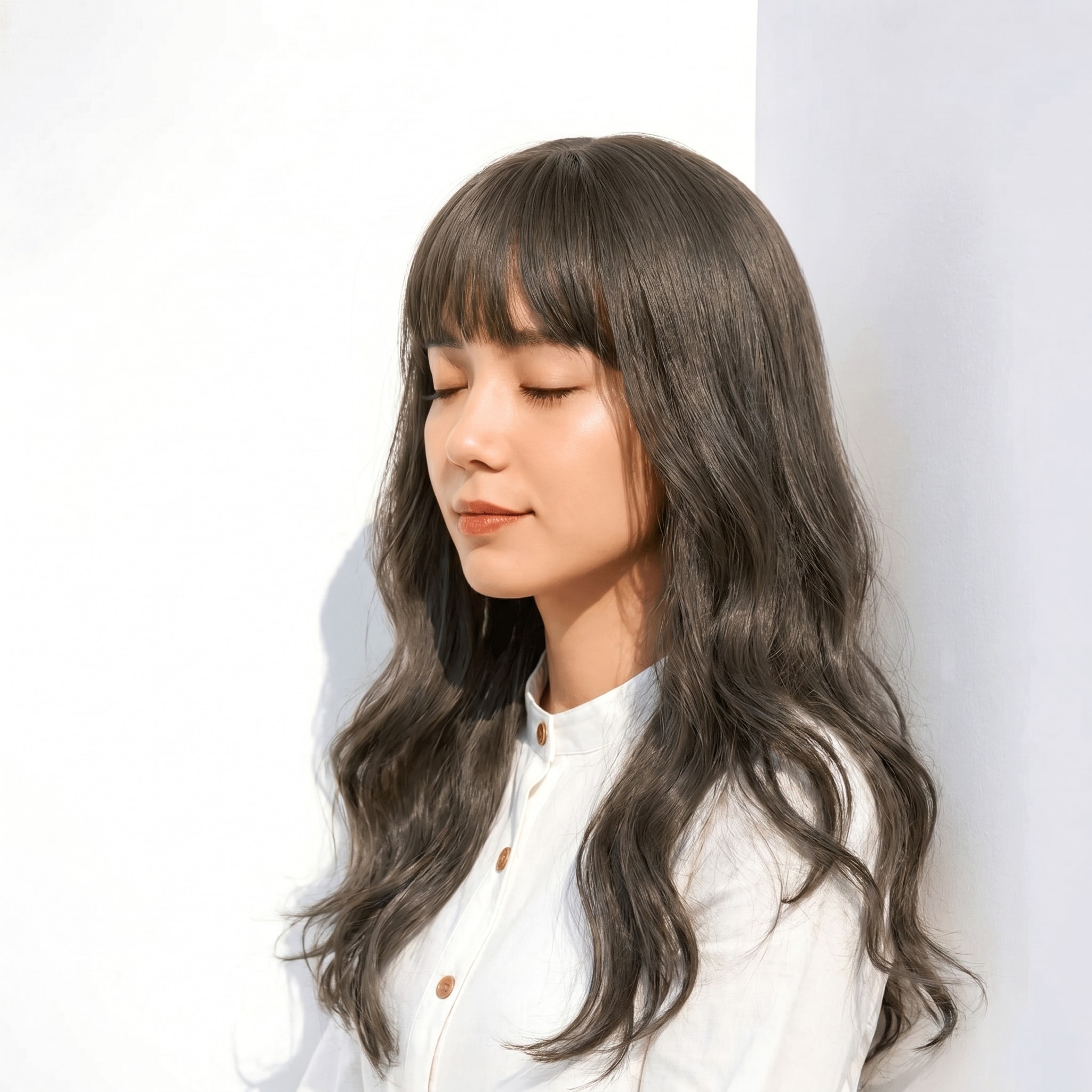 19. アイスグレージュ×透明感: S字ウェーブで軽やかに見せるロングスタイル