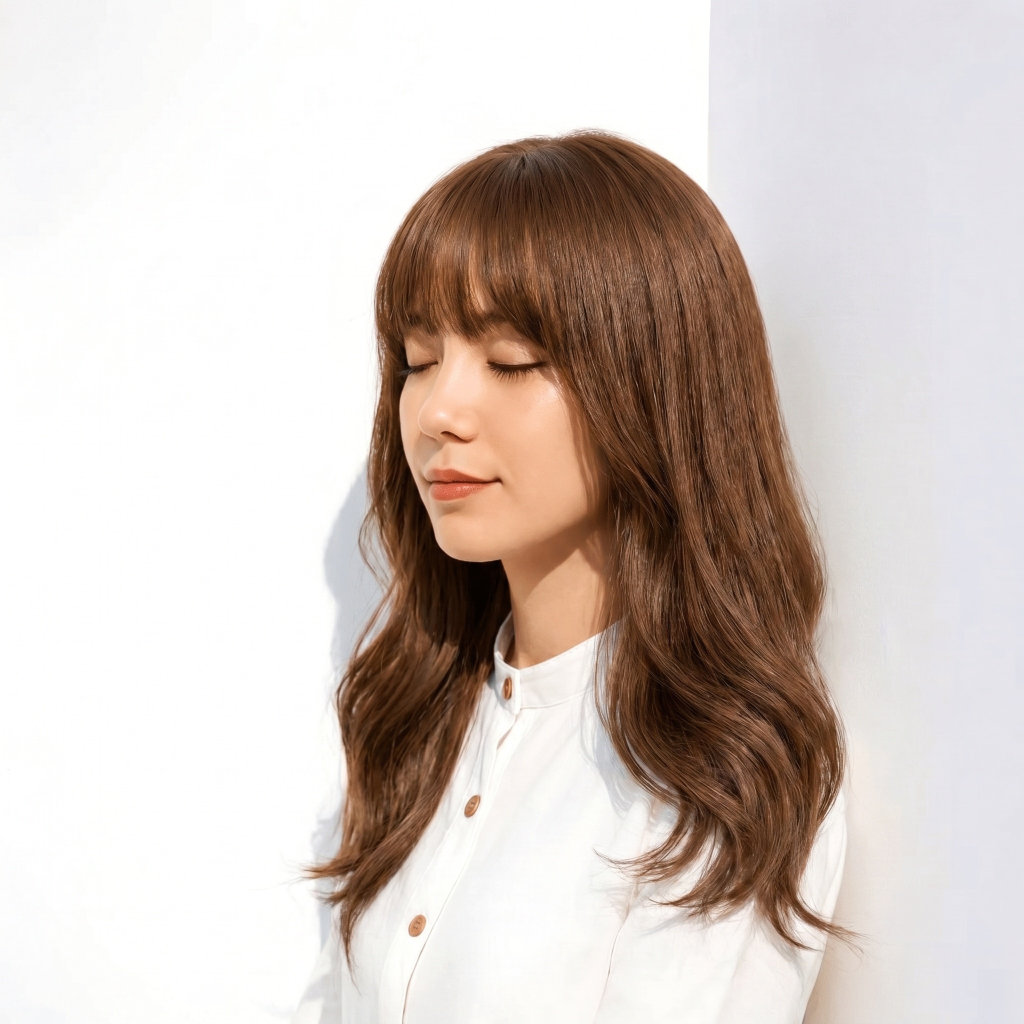 19. アッシュ ベージュ×ウェーブ：厚めフルバングで立体感を演出