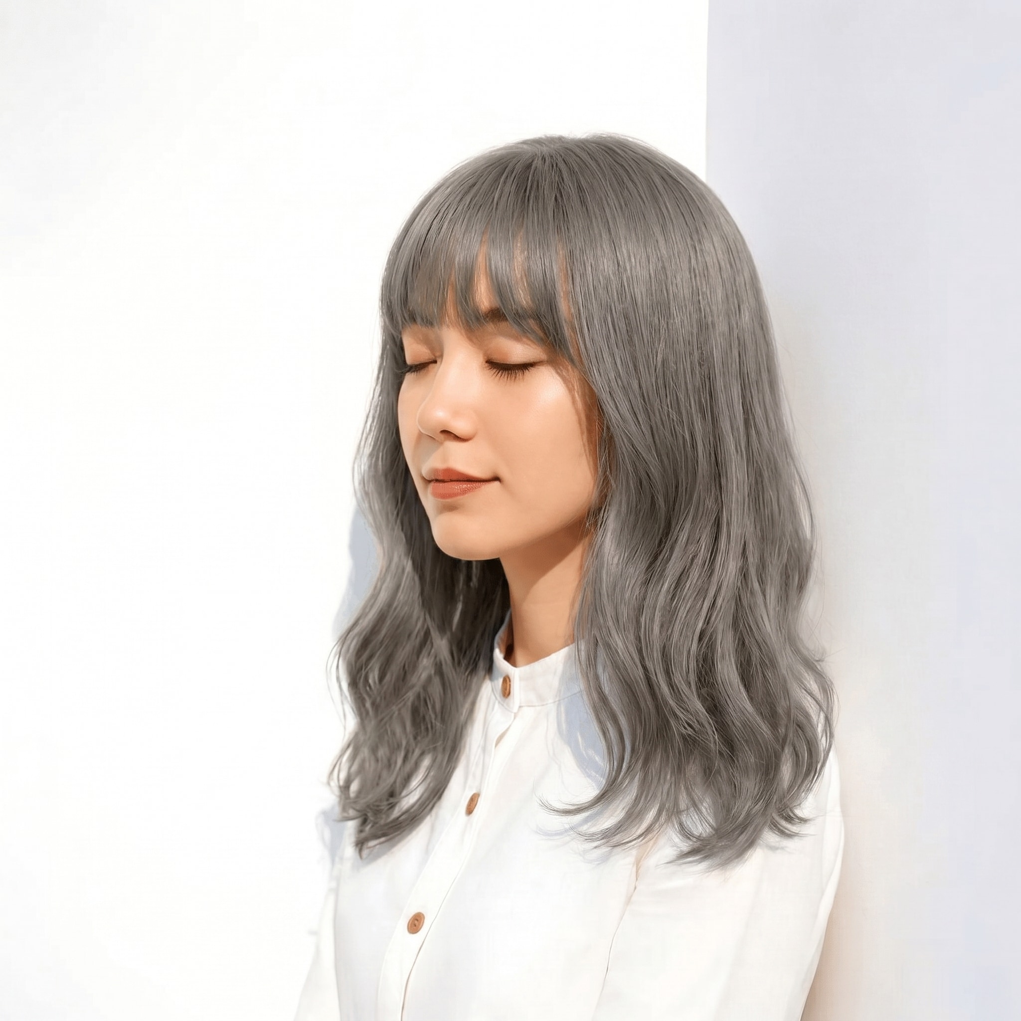 19. アッシュグレージュ×クール: 青み灰感で黄ばみを抑えた軽快スタイル