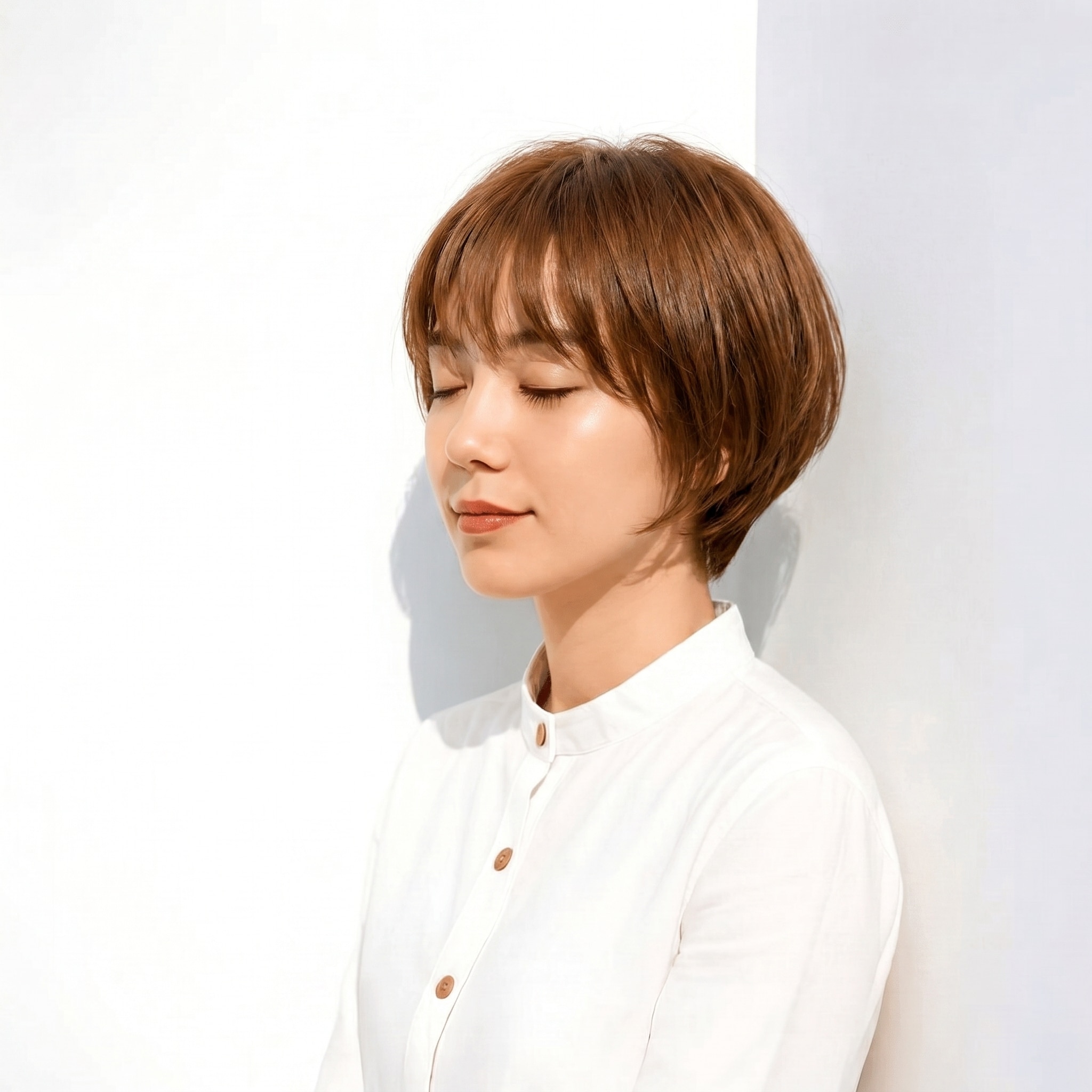 19. アプリコットオレンジ×ショートレイヤー: 内巻き束感にふんわりした顔映りを加える