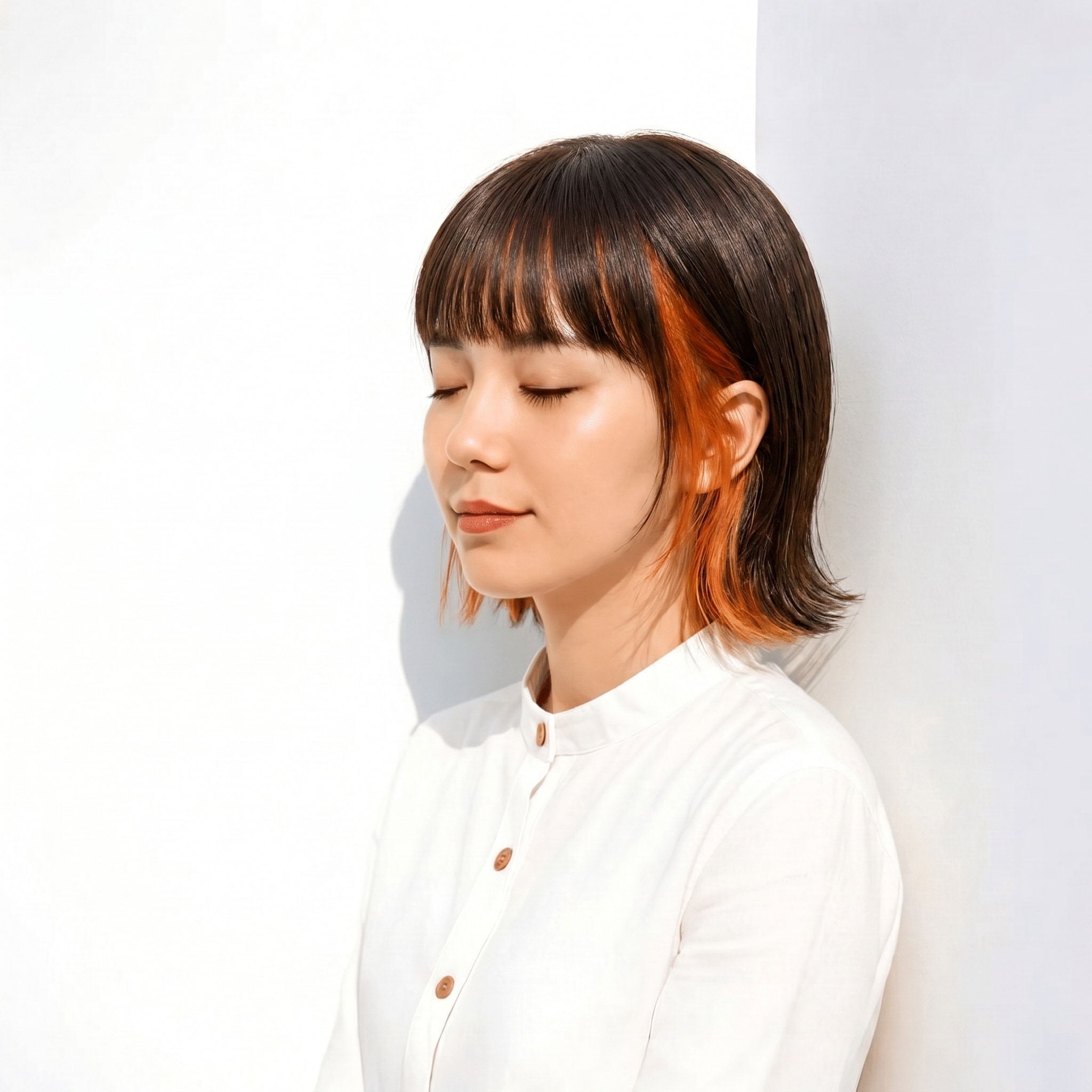 19. インナーカラー×コッパーオレンジ×外ハネミニボブ: 顔まわりを明るく見せて、動くたび立体感をプラス