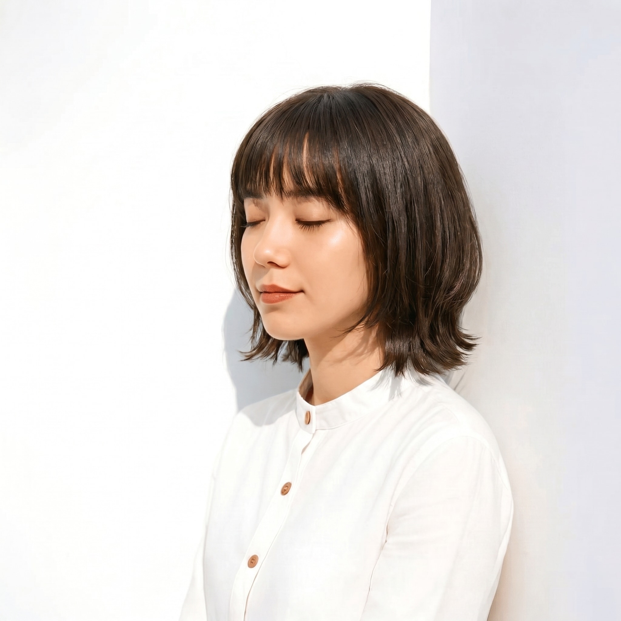 19. オリーブグレージュ×寒色トーン: 透け感と落ち着きを両立する外ハネスタイル