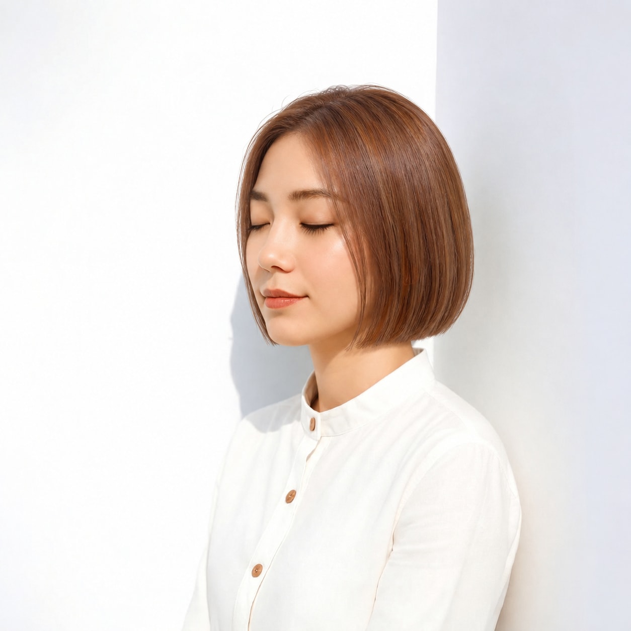 赤みを含むコッパー寄りオレンジアッシュのボブ