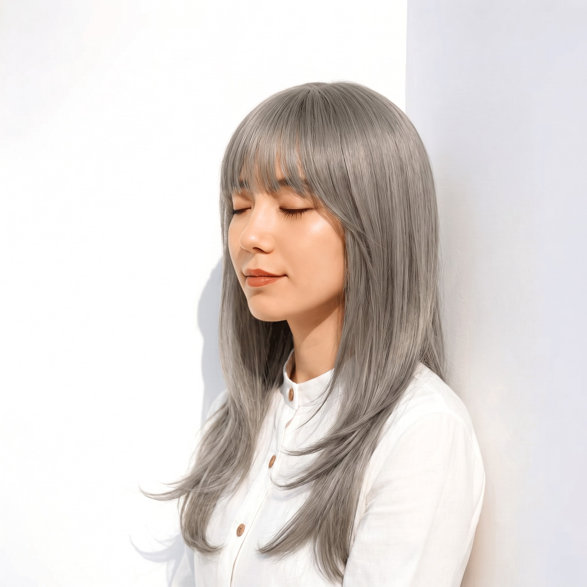 19. シルバーグレージュ×ストレートロング: 淡いグレーとベージュで長い髪がなめらかに整う