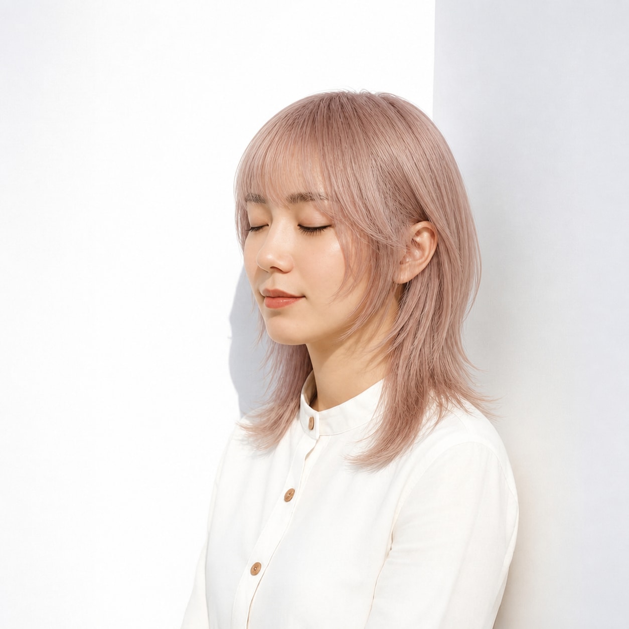 19. セミロングウルフ × ピンクベージュ：やわらかく個性的