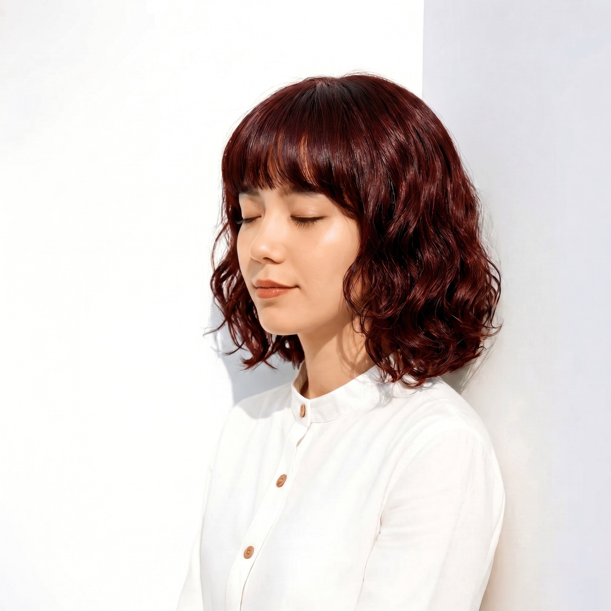 19. チェリーレッド×丸みボブ：深みのある色と曲線でフェイスラインをすっきり見せる