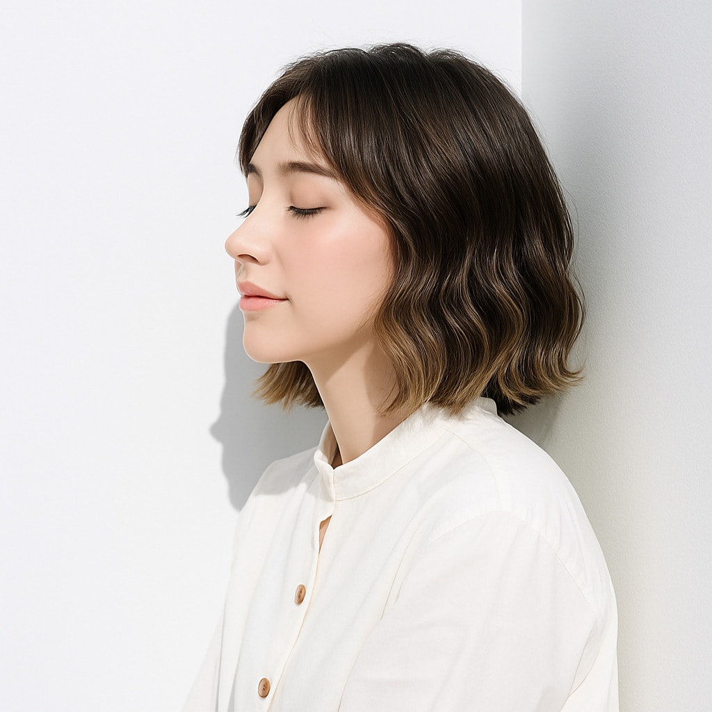 19. ブラウンベージュ×ハイライト：やわらかなツヤで肌映えするスタイル