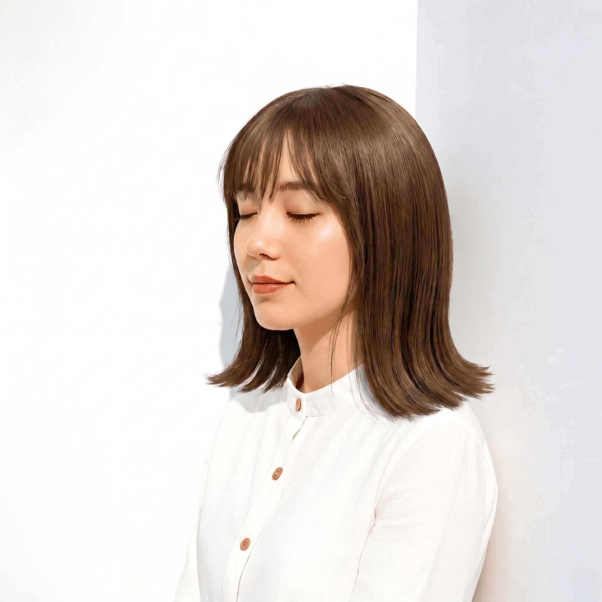 19. ブリーチなしミルクティーベージュ×ミディアムボブ: 赤みを抑えた柔らかなツヤが魅力