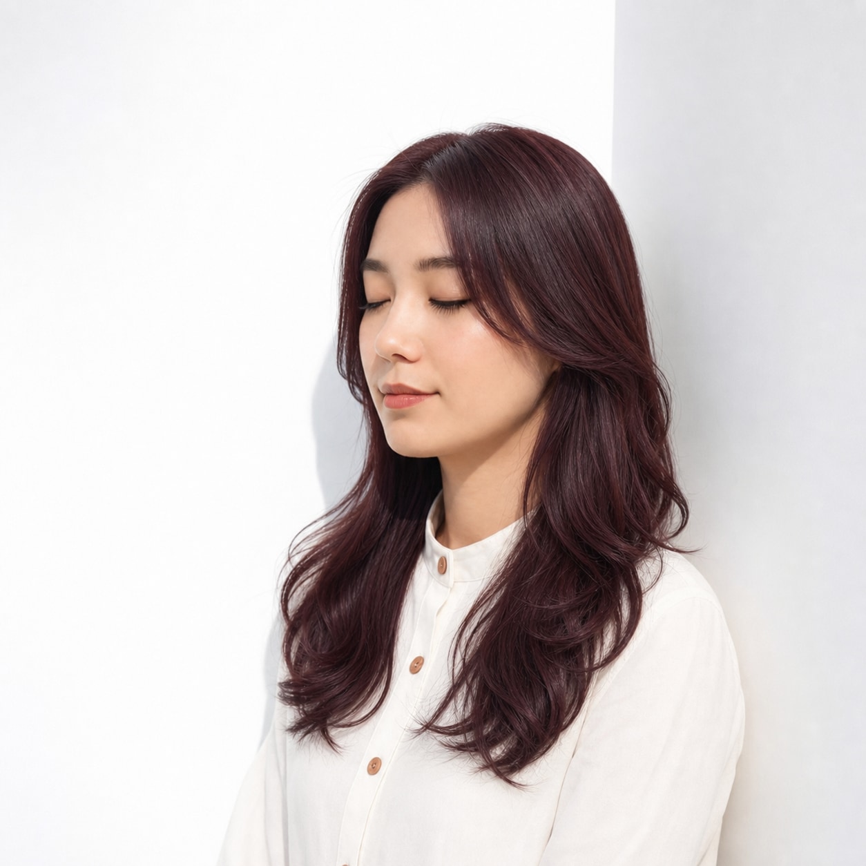 19. ボルドーレッド×ブリーチなし×レイヤーロング: 深い発色で落ち着いた個性が出る