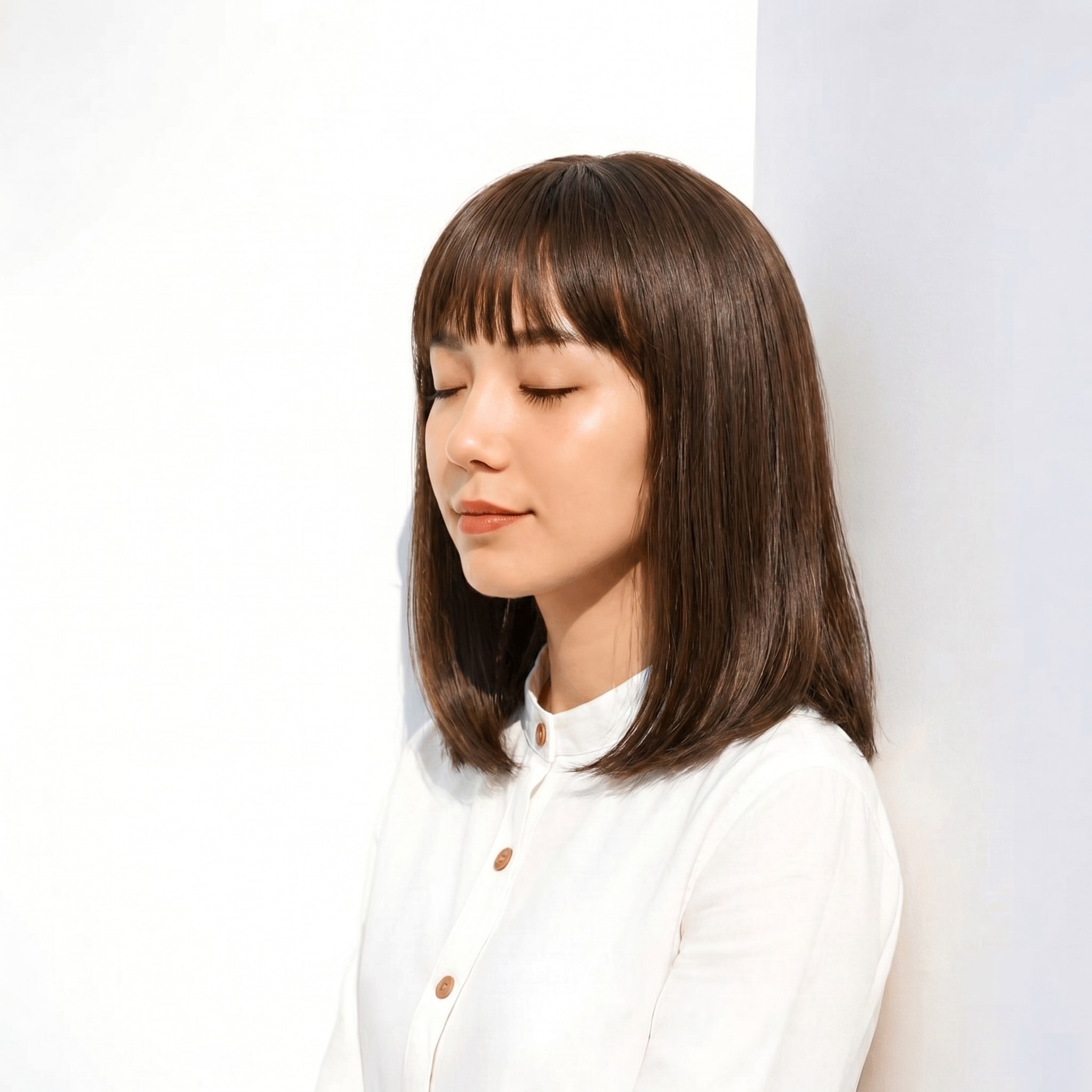 19. マットブラウン×ストレートロブ: 中間トーンのくすみで丸い毛先を柔らかく