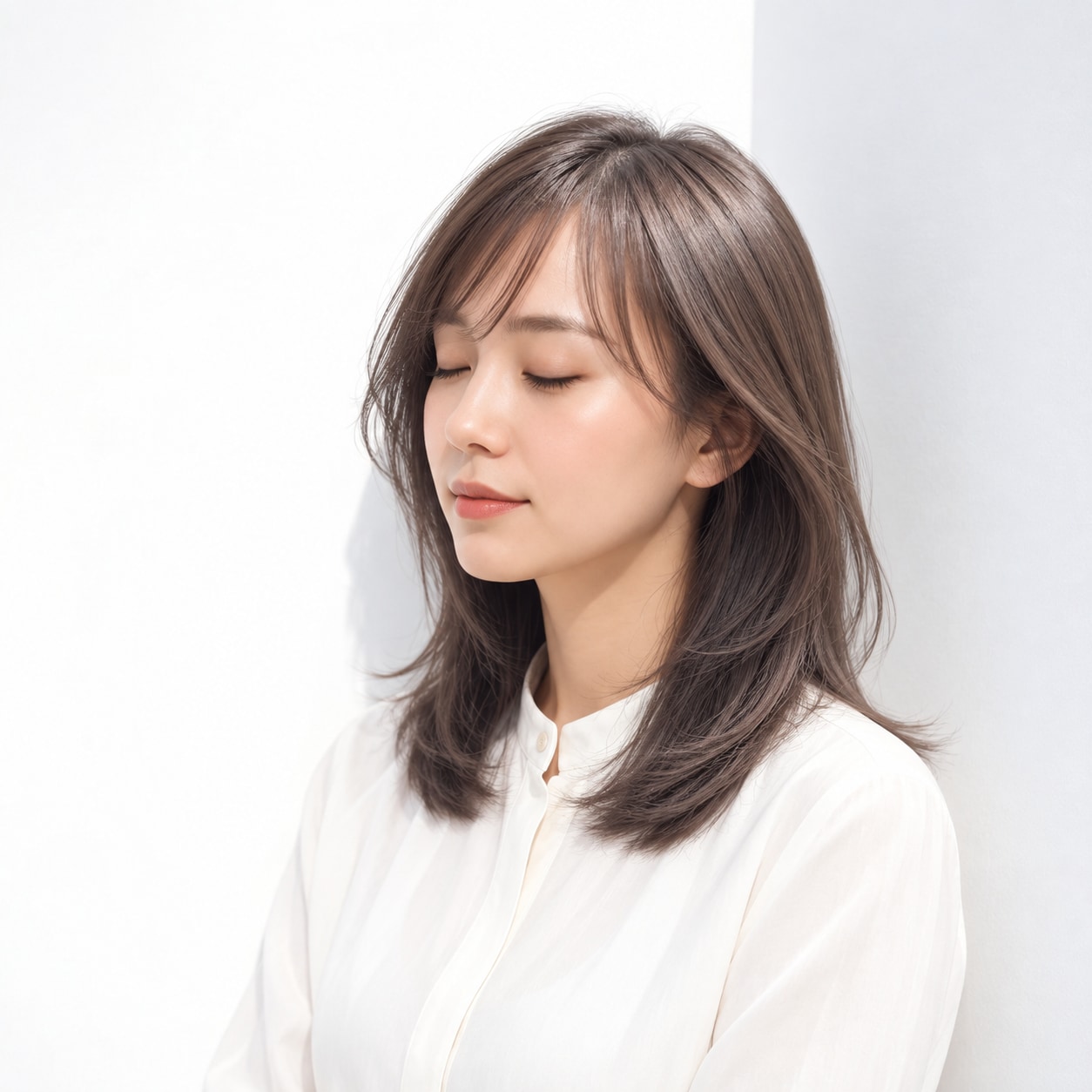 19. ミディアムレイヤー × 前髪あり × ローレイヤー：軽い段があっても先端が薄くなりすぎず、まとまりが保てます