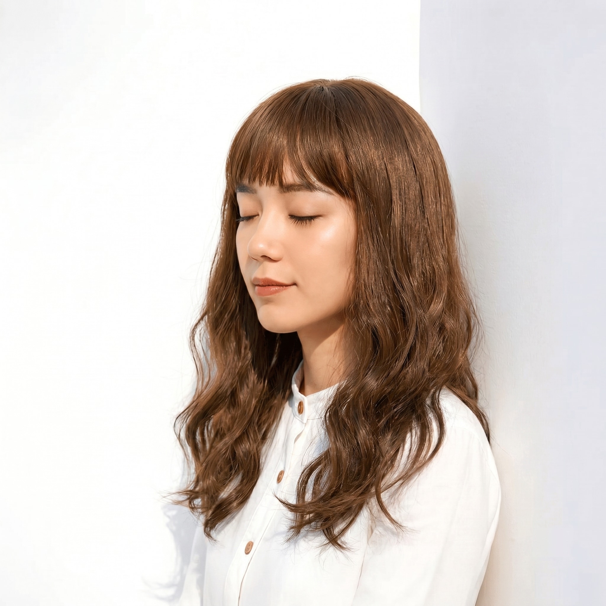 19. モカグレージュ×波ウェーブセミロング: 透けるようなツヤで、柔らかく垢抜けた印象に
